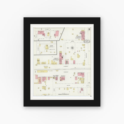 Old map wall art mockup — black gallery frame with white mat — Sanborn Fire Insurance Map from Reidsville, Rockingham County, North Carolina (1896), Sheet #0003