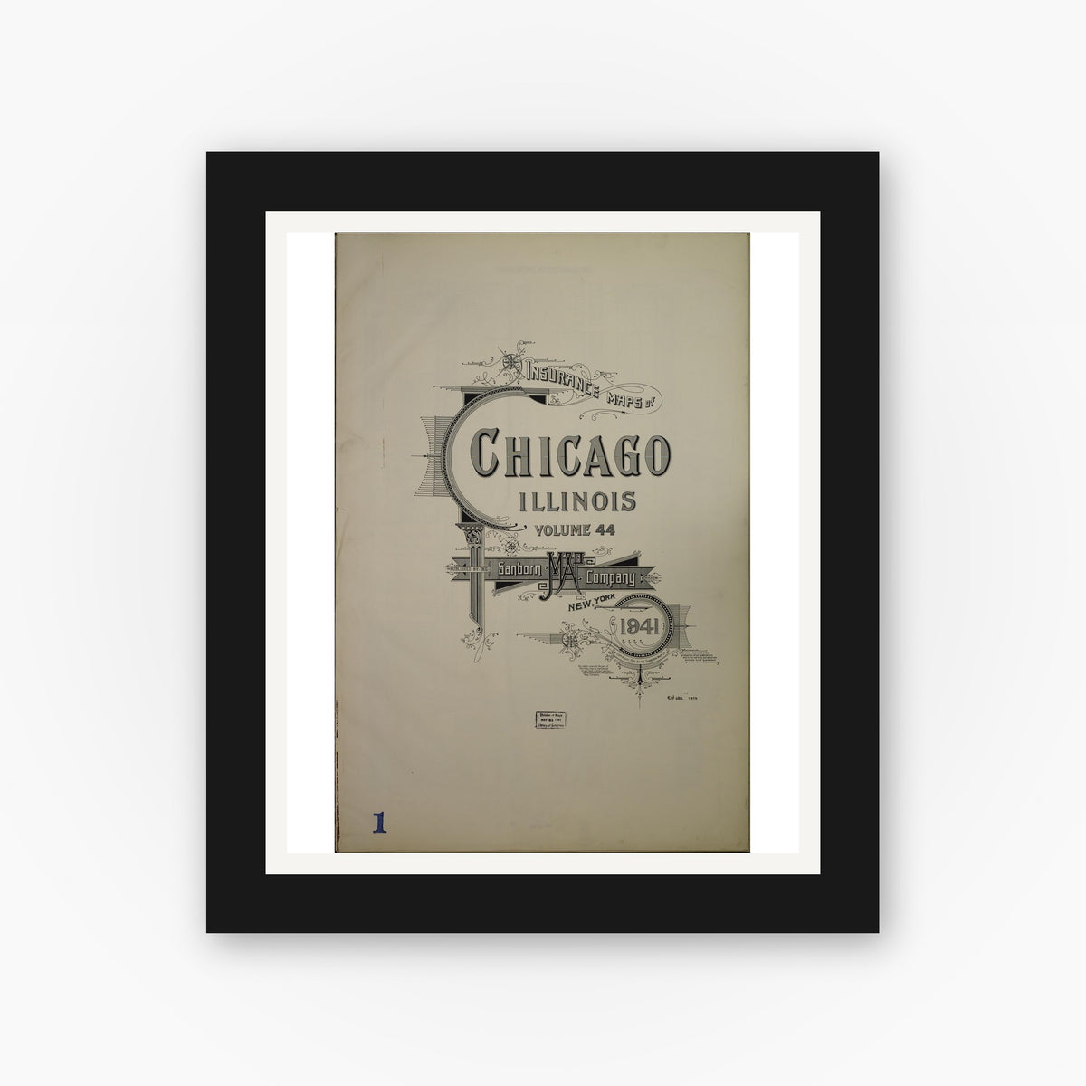 Old map wall art mockup — black gallery frame with white mat — Sanborn Fire Insurance Map from Chicago, Cook County, Illinois (1941), Sheet #0001