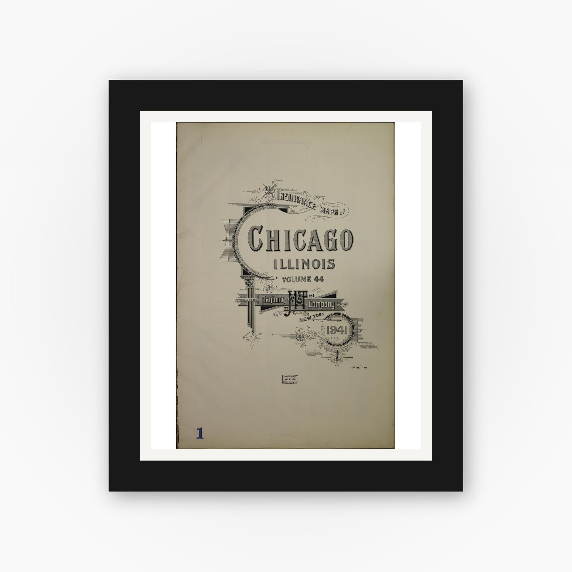 Old map wall art mockup — black gallery frame with white mat — Sanborn Fire Insurance Map from Chicago, Cook County, Illinois (1941), Sheet #0001