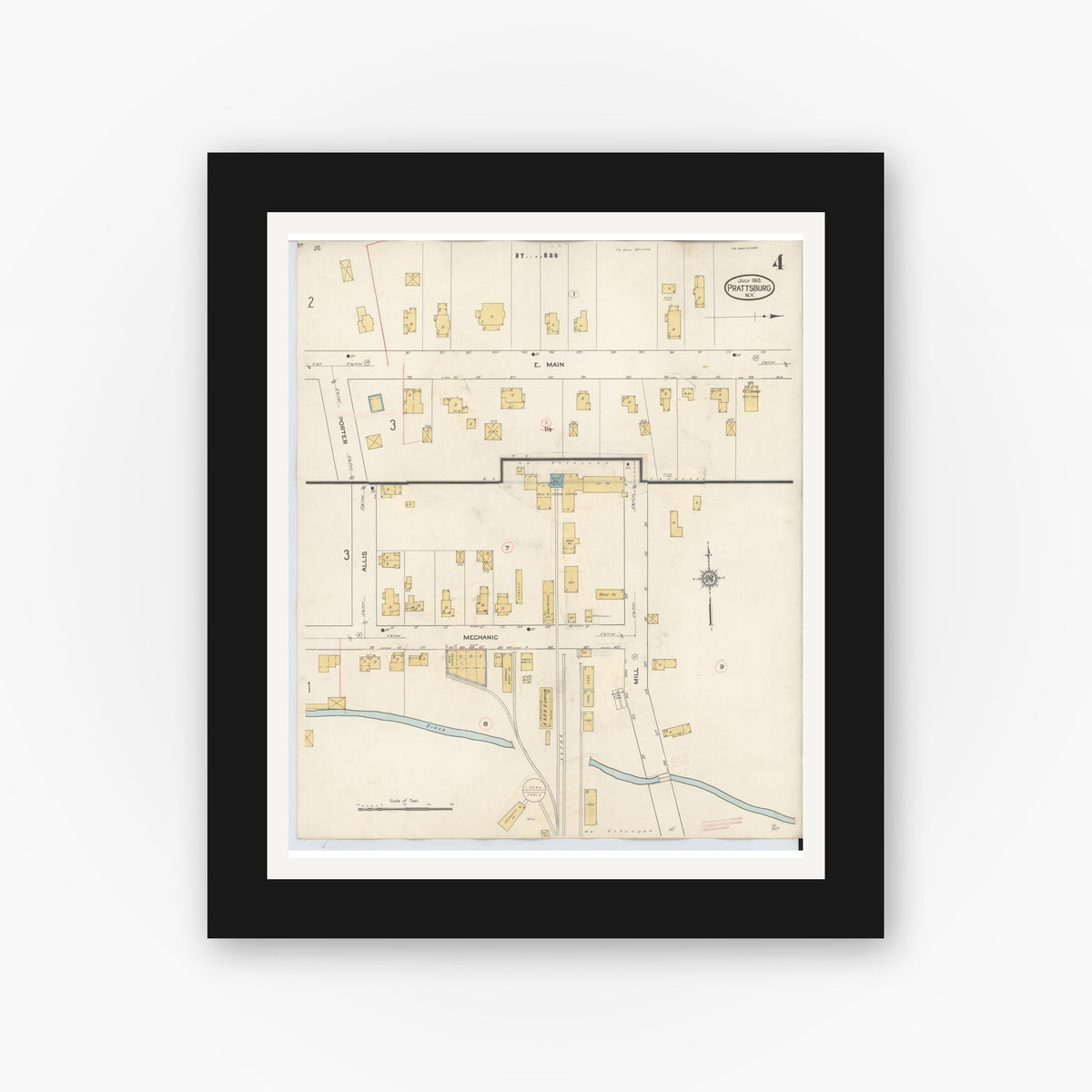 Old map wall art mockup — black gallery frame with white mat — Sanborn Fire Insurance Map from Prattsburgh, Steuben County, New York (1934), Sheet #0004