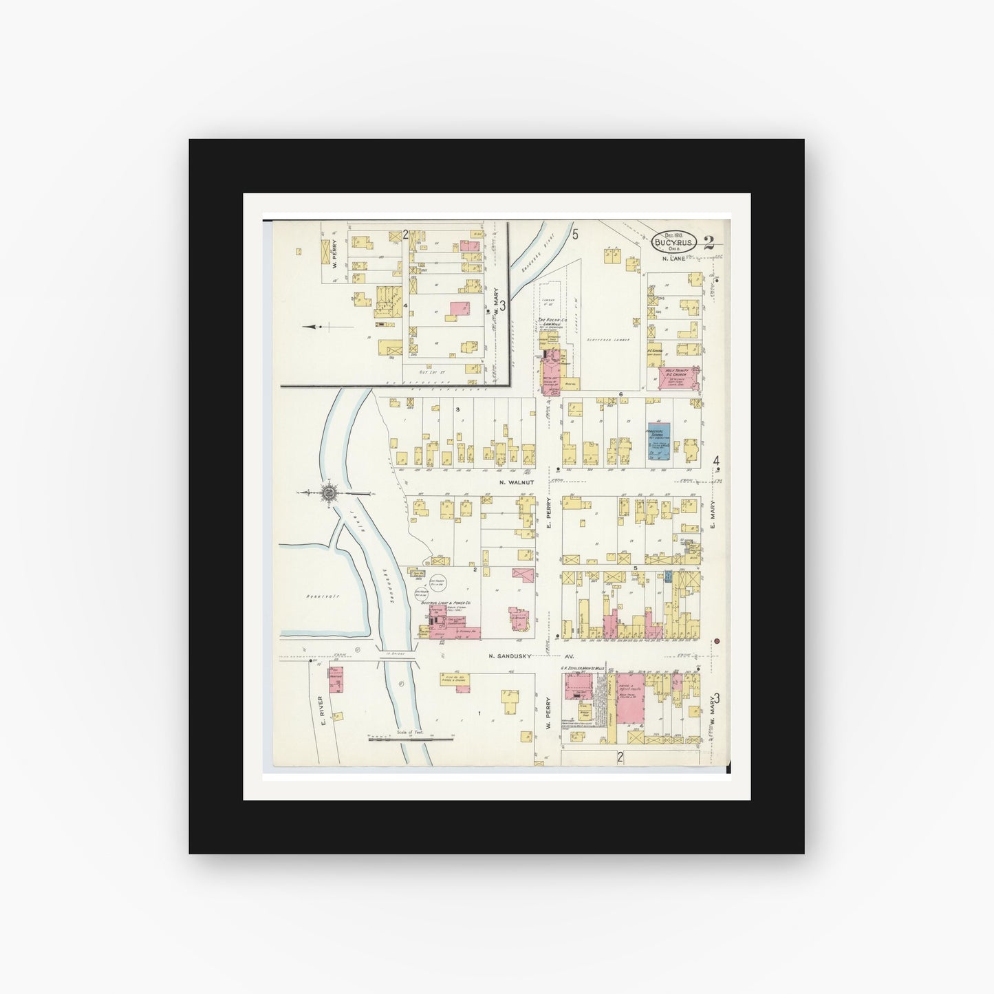 Old map wall art mockup — black gallery frame with white mat — Sanborn Fire Insurance Map from Bucyrus, Crawford County, Ohio (1910), Sheet #0002