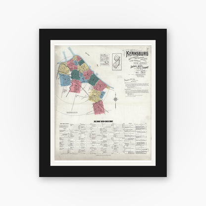 Old map wall art mockup — black gallery frame with white mat — Sanborn Fire Insurance Map from Keansburg, Monmouth County, New Jersey (1923), Sheet #0001