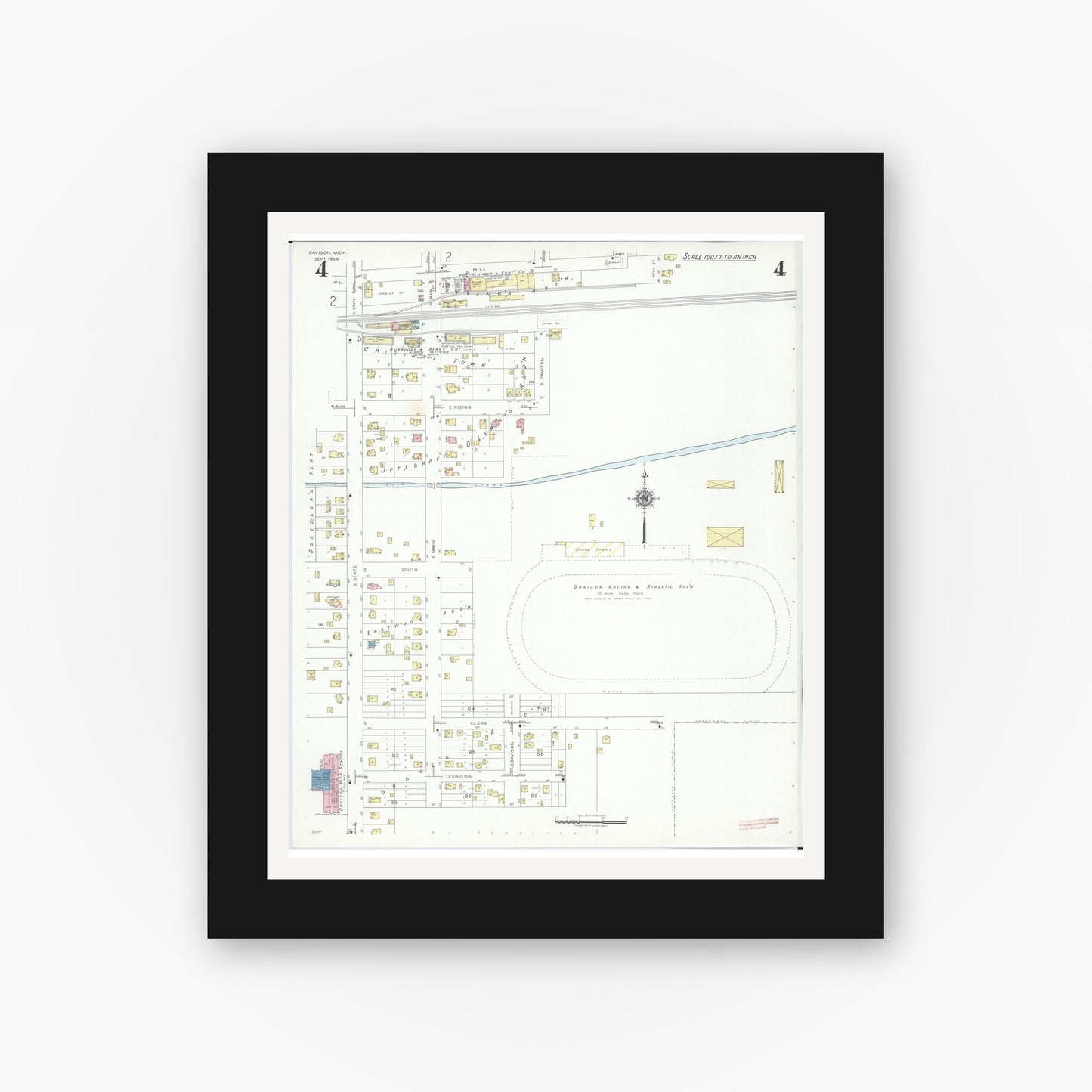 Old map wall art mockup — black gallery frame with white mat — Sanborn Fire Insurance Map from Davison, Genesee County, Michigan (1939), Sheet #0004
