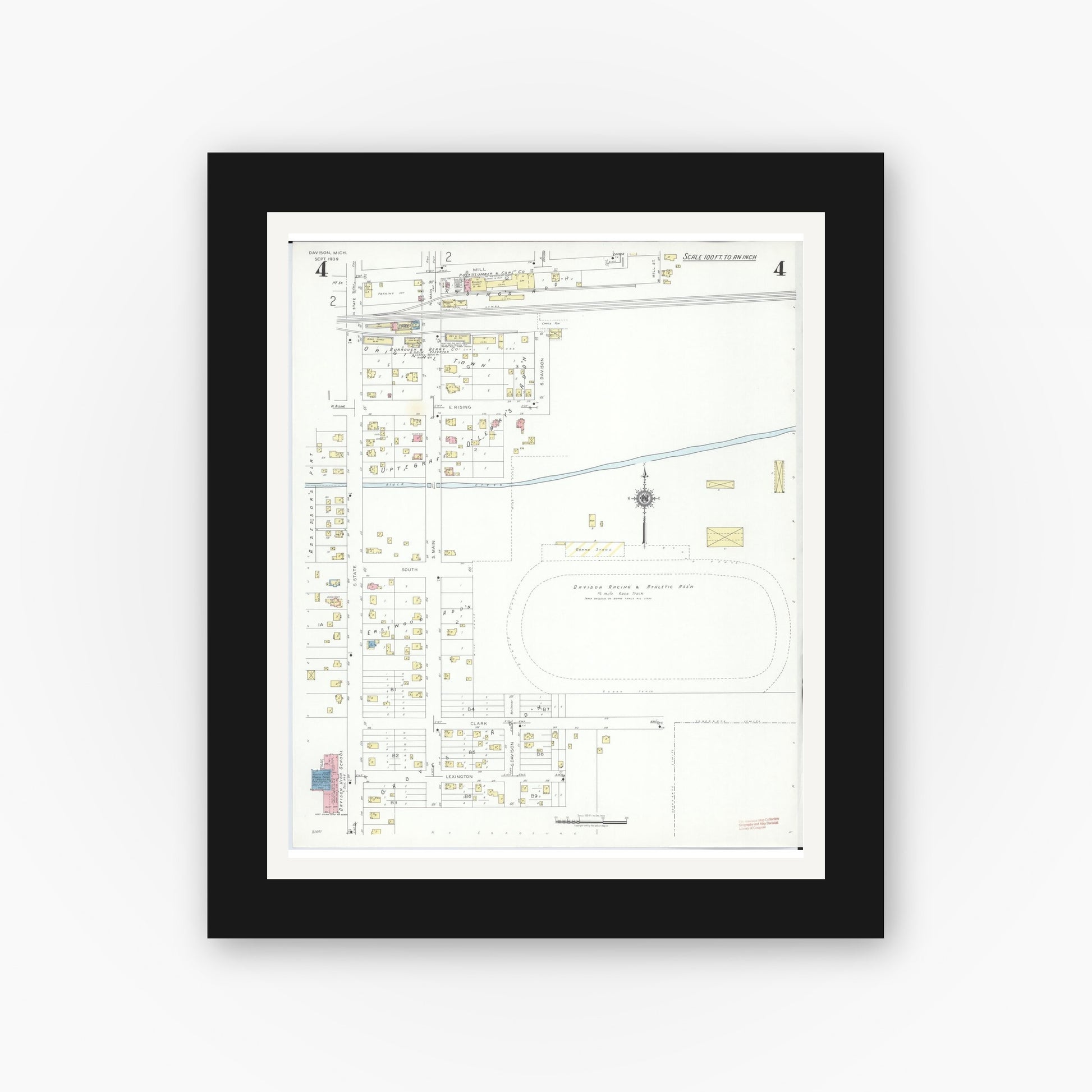 Old map wall art mockup — black gallery frame with white mat — Sanborn Fire Insurance Map from Davison, Genesee County, Michigan (1939), Sheet #0004