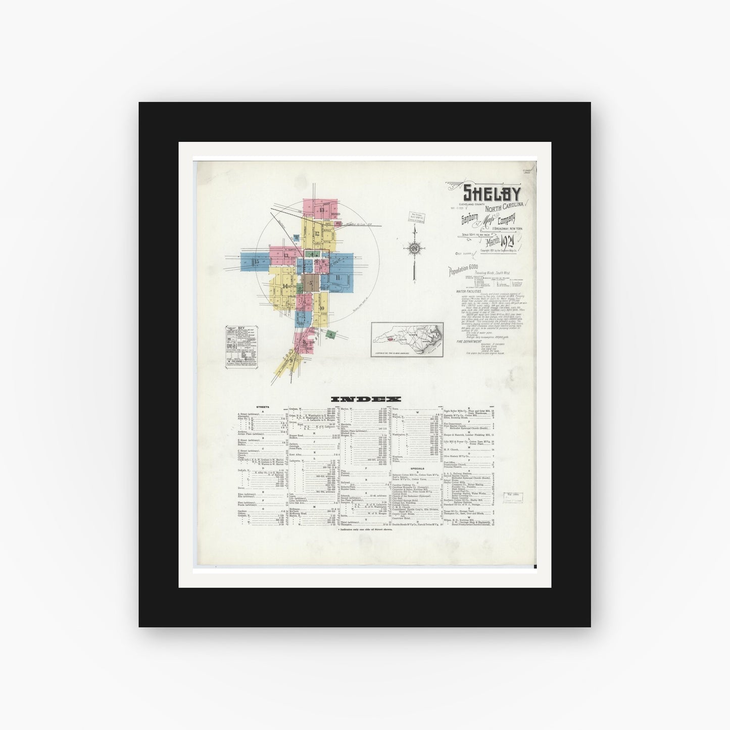 Old map wall art mockup — black gallery frame with white mat — Sanborn Fire Insurance Map from Shelby, Cleveland County, North Carolina (1921), Sheet #0001