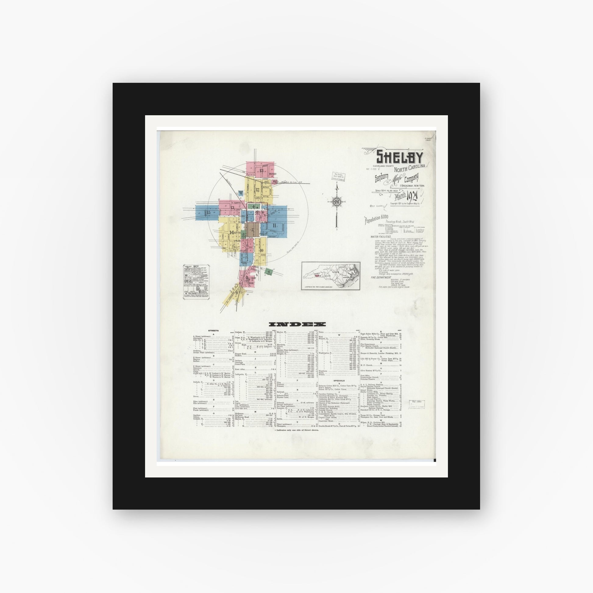 Old map wall art mockup — black gallery frame with white mat — Sanborn Fire Insurance Map from Shelby, Cleveland County, North Carolina (1921), Sheet #0001