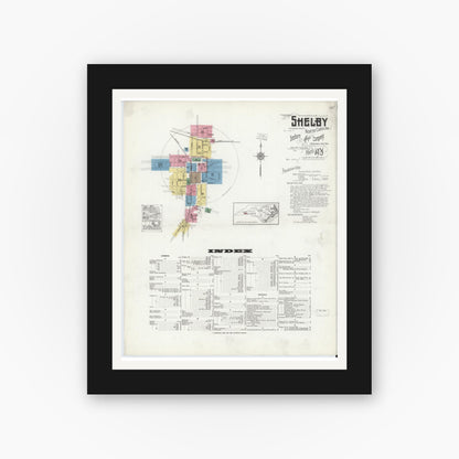 Old map wall art mockup — black gallery frame with white mat — Sanborn Fire Insurance Map from Shelby, Cleveland County, North Carolina (1921), Sheet #0001