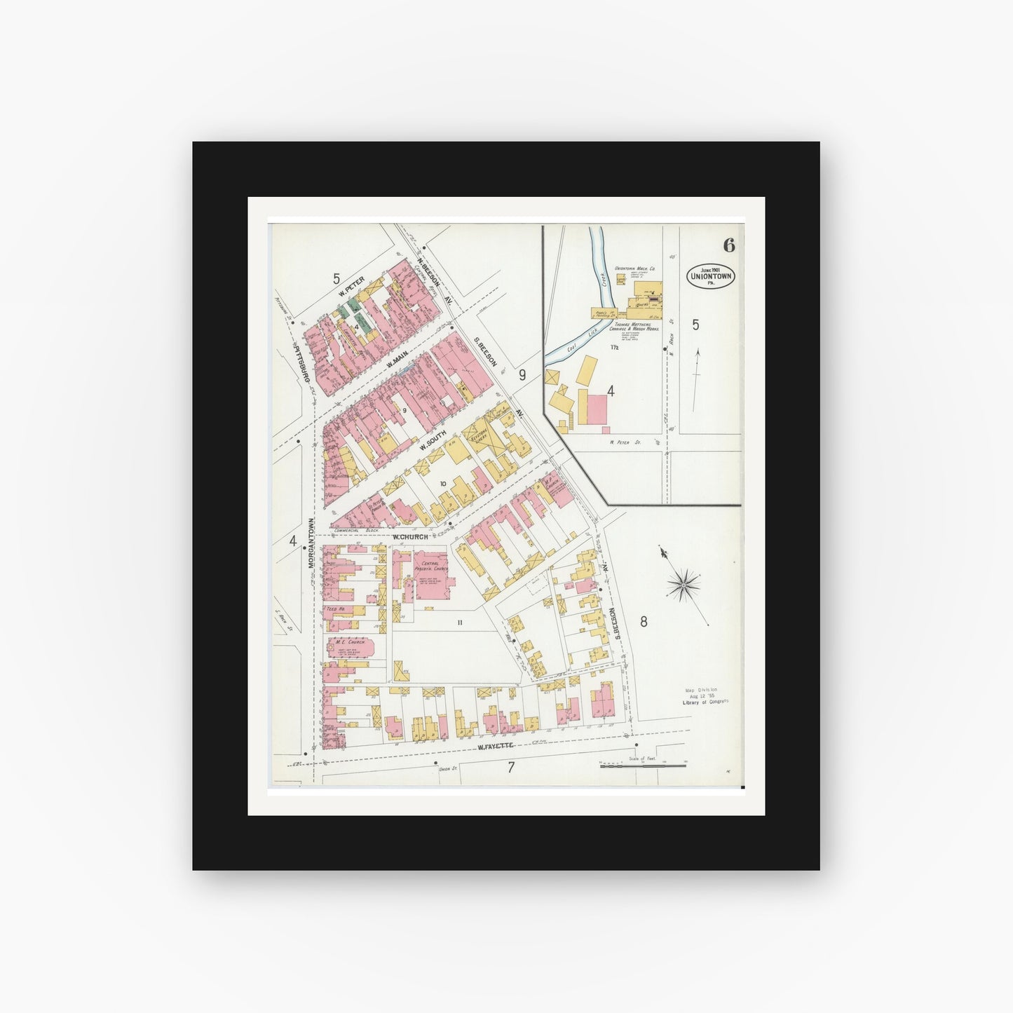 Old map wall art mockup — black gallery frame with white mat — Sanborn Fire Insurance Map from Uniontown, Fayette County, Pennsylvania (1901), Sheet #0006