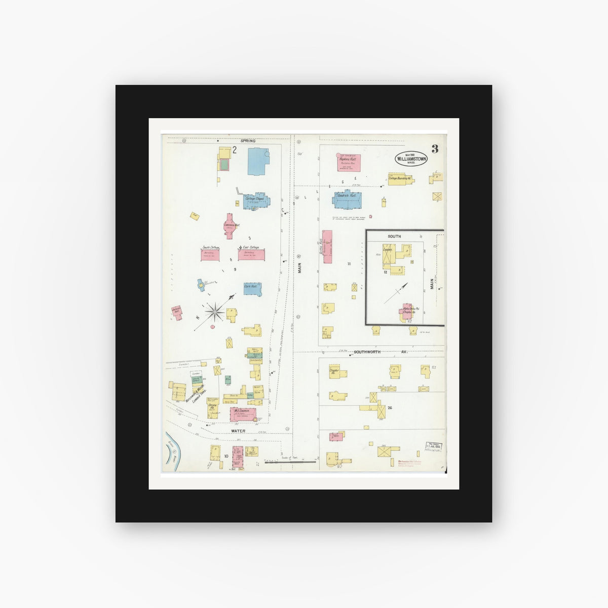 Old map wall art mockup — black gallery frame with white mat — Sanborn Fire Insurance Map from Williamstown, Berkshire County, Massachusetts (1901), Sheet #0003