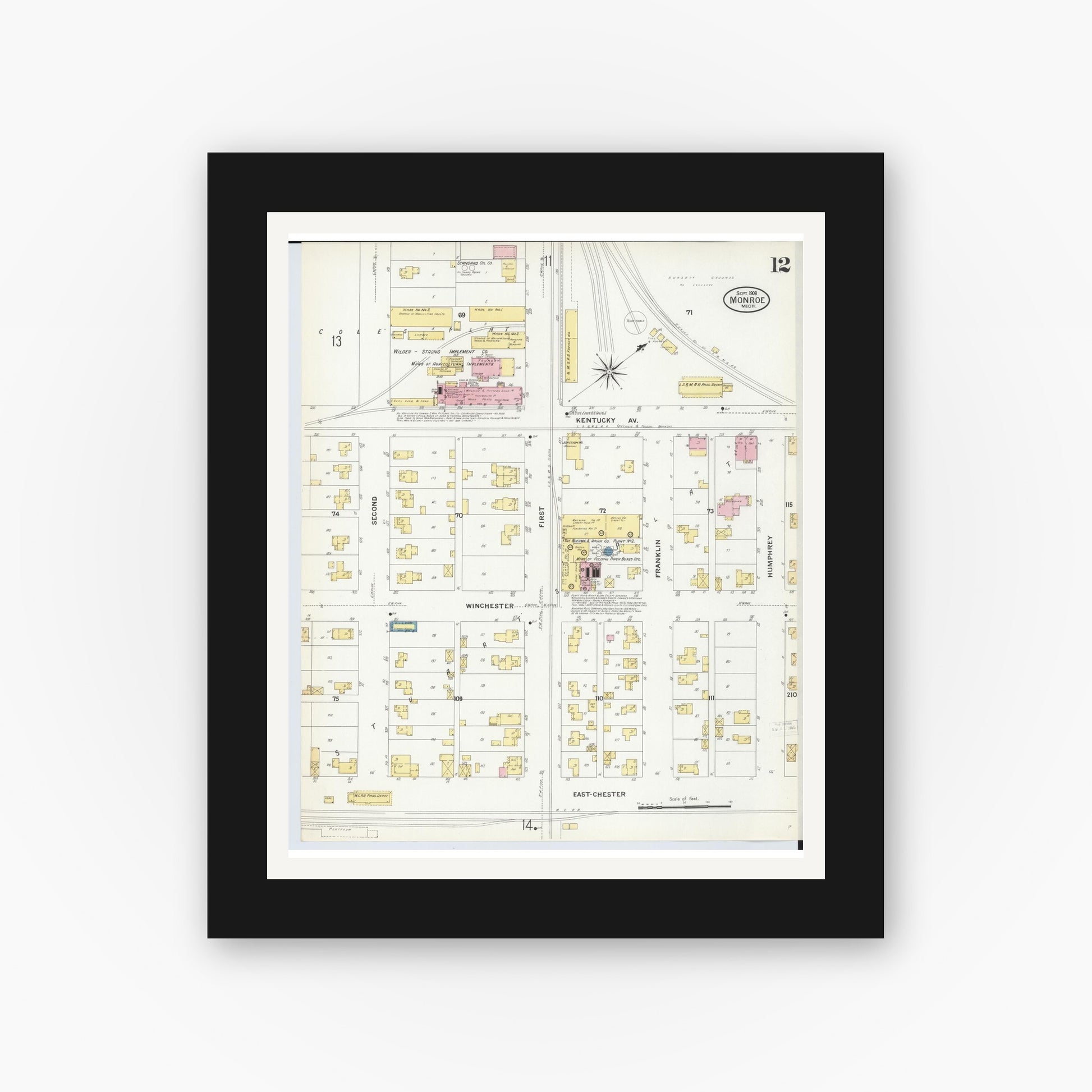 Old map wall art mockup — black gallery frame with white mat — Sanborn Fire Insurance Map from Monroe, Monroe County, Michigan (1908), Sheet #0012