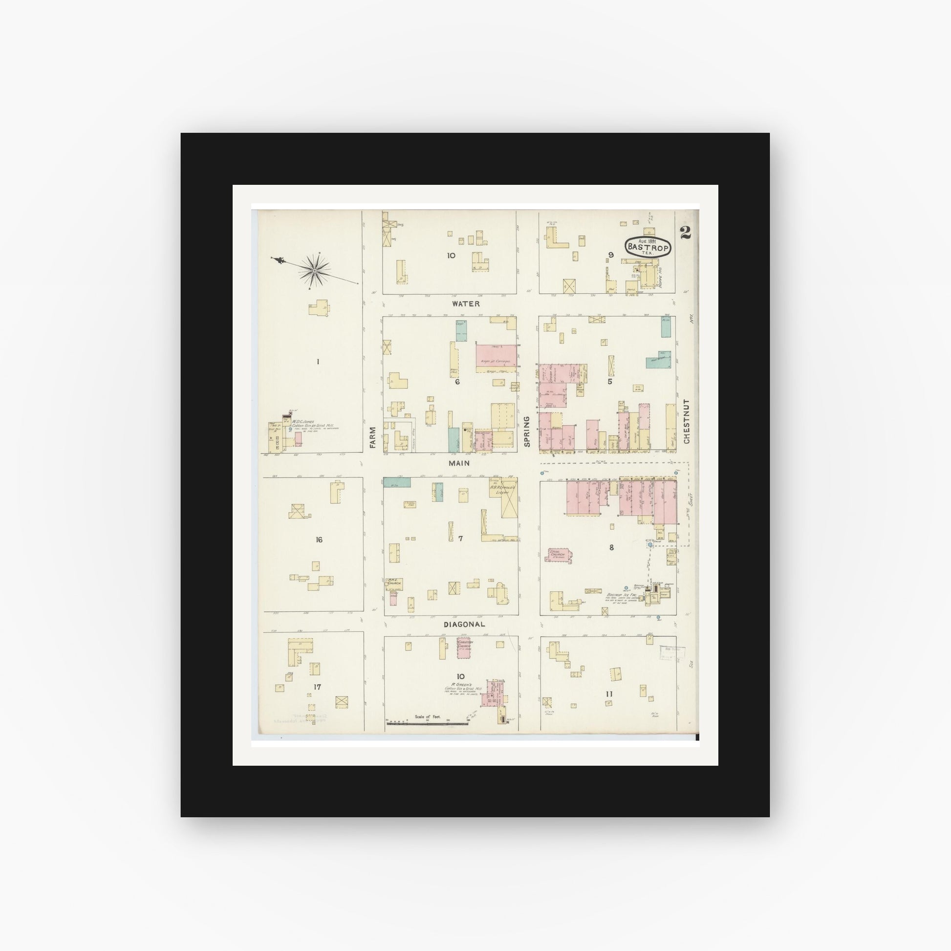 Old map wall art mockup — black gallery frame with white mat — Sanborn Fire Insurance Map from Bastrop, Bastrop County, Texas (1891), Sheet #0002