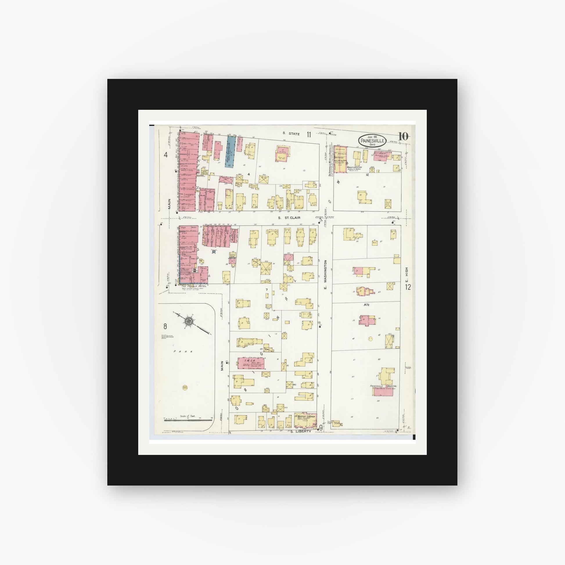 Old map wall art mockup — black gallery frame with white mat — Sanborn Fire Insurance Map from Painesville, Lake County, Ohio (1911), Sheet #0010