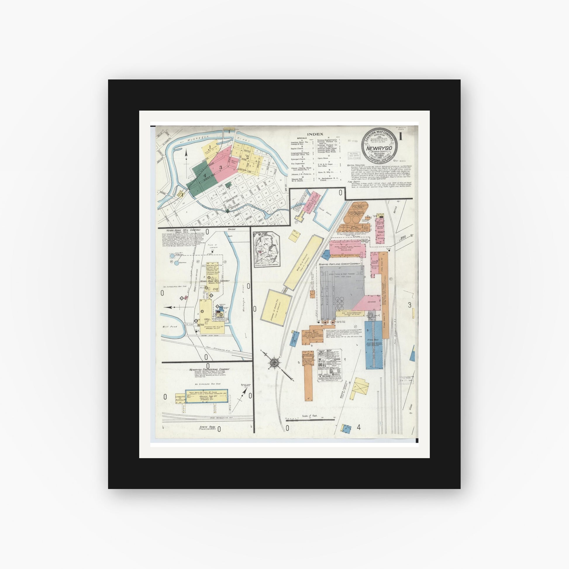 Old map wall art mockup — black gallery frame with white mat — Sanborn Fire Insurance Map from Newaygo, Newaygo County, Michigan (1921) - Complete Map Set