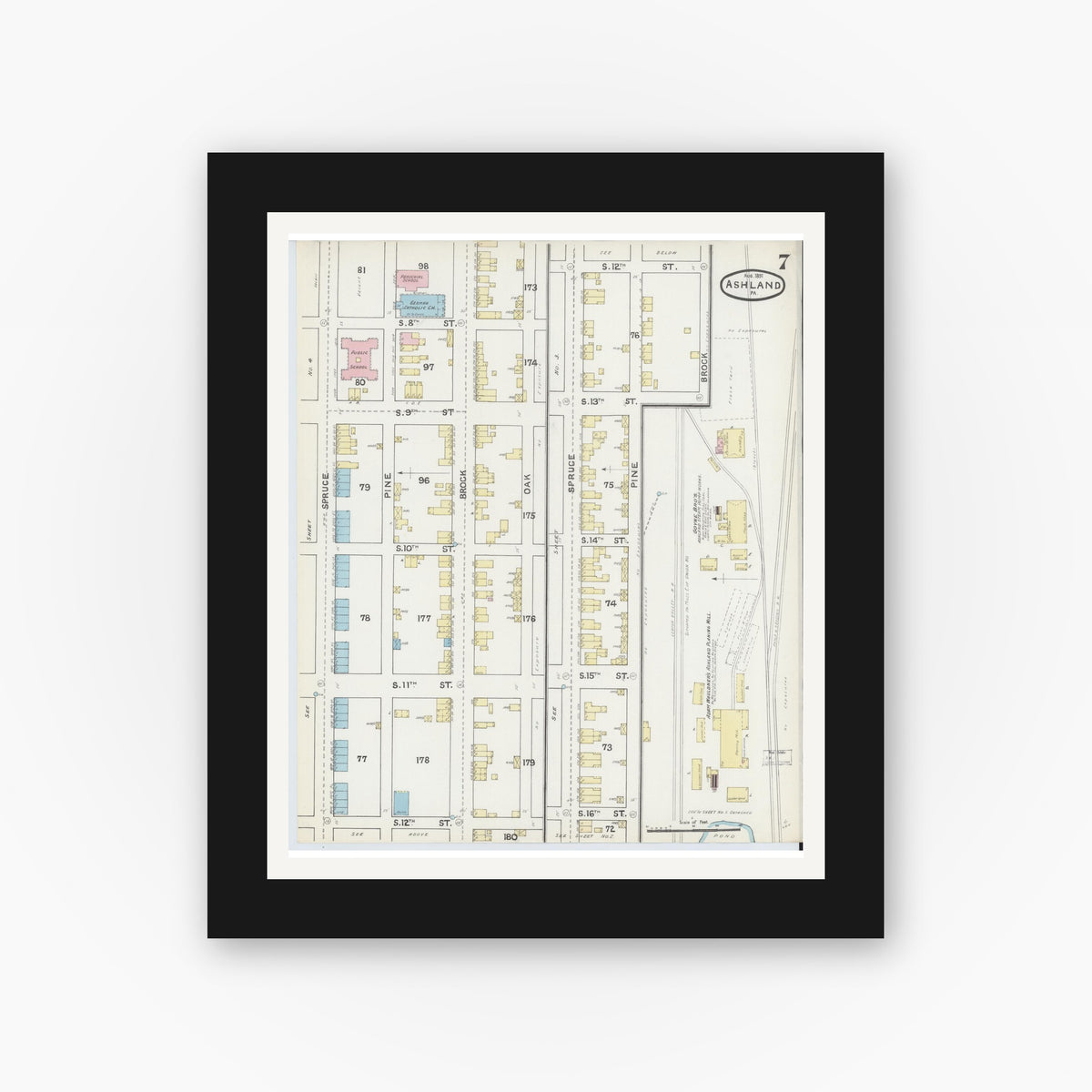 Old map wall art mockup — black gallery frame with white mat — Sanborn Fire Insurance Map from Ashland, Schuylkill County, Pennsylvania (1891), Sheet #0007