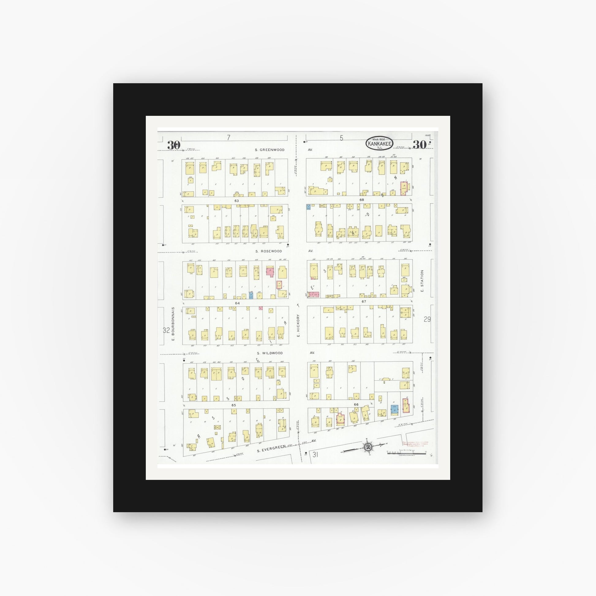 Old map wall art mockup — black gallery frame with white mat — Sanborn Fire Insurance Map from Kankakee, Kankakee County, Illinois (1930), Sheet #0030