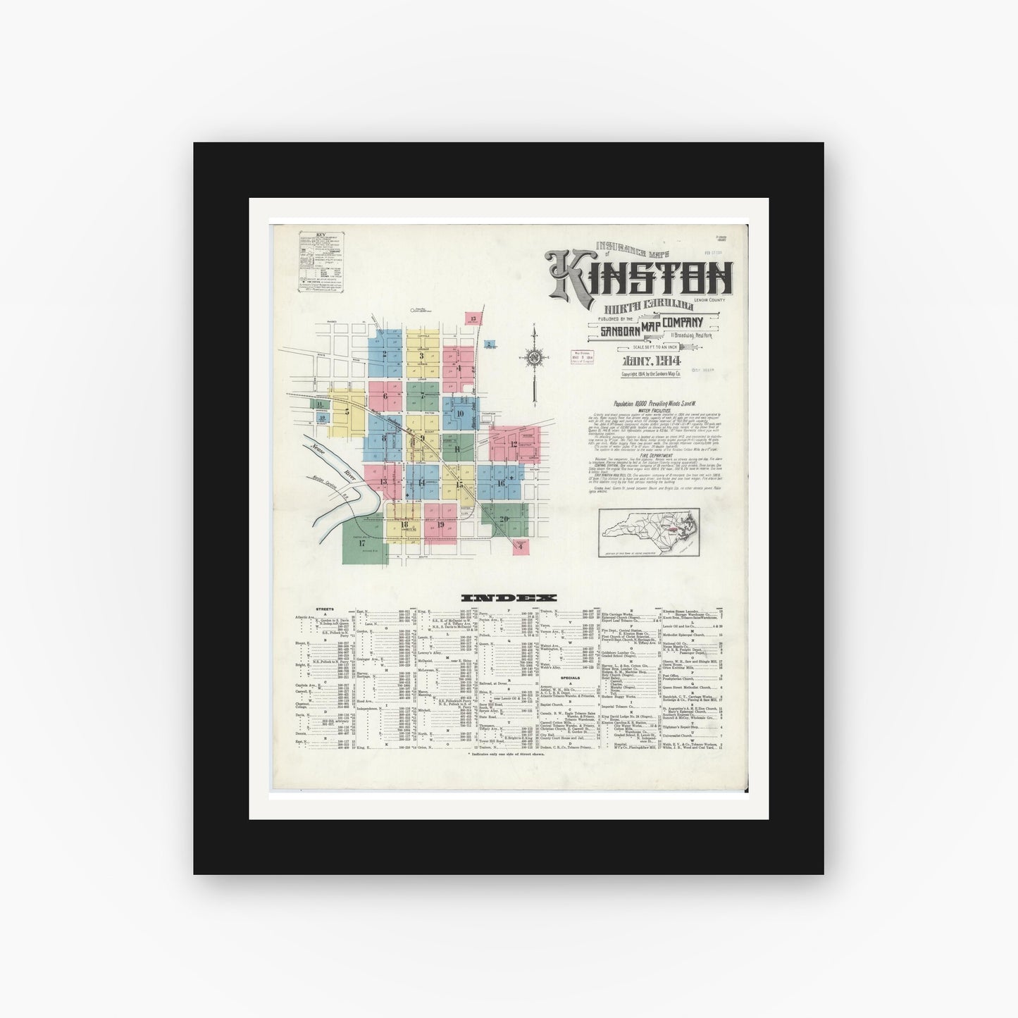 Old map wall art mockup — black gallery frame with white mat — Sanborn Fire Insurance Map from Kinston, Lenoir County, North Carolina (1914) - Complete Map Set