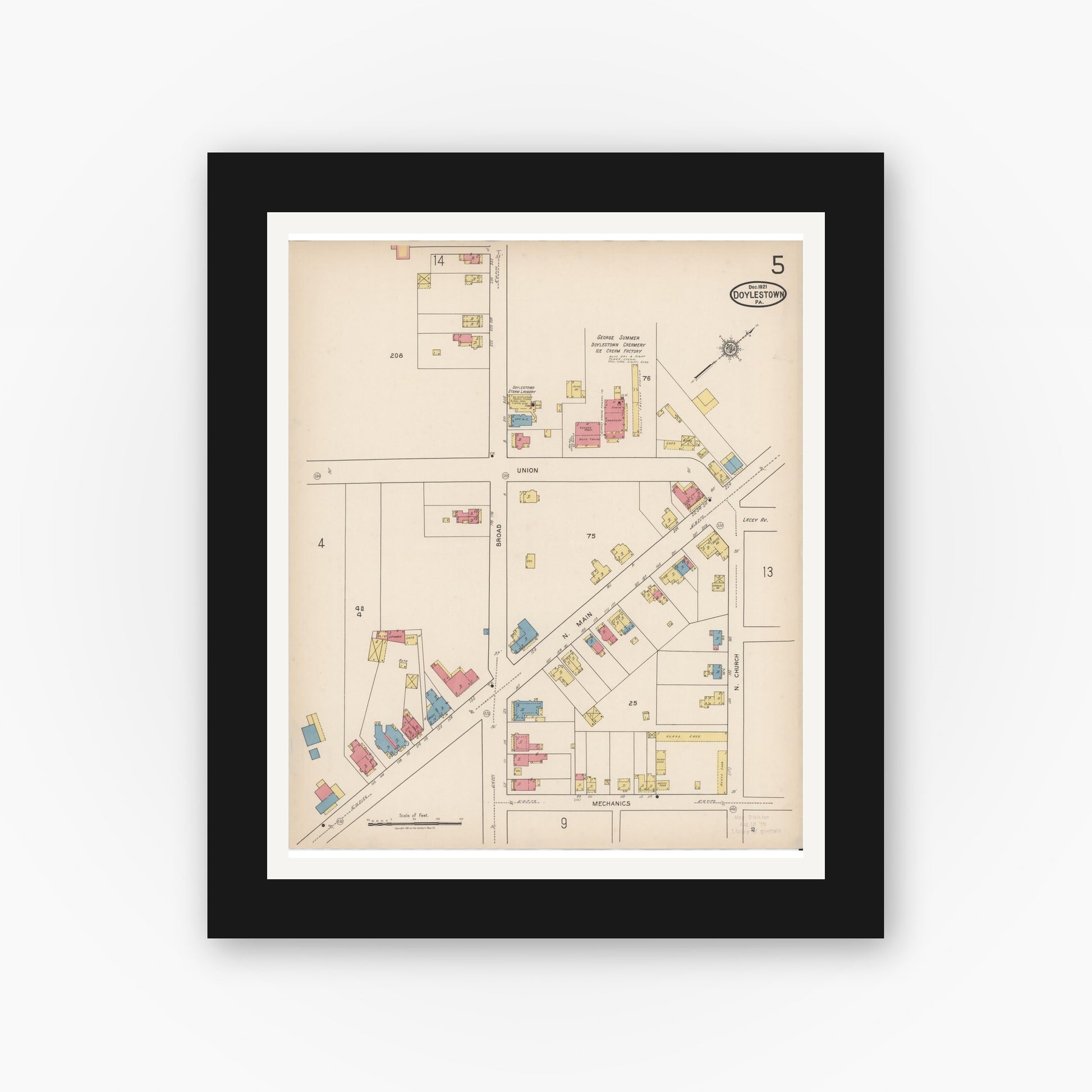 Old map wall art mockup — black gallery frame with white mat — Sanborn Fire Insurance Map from Doylestown, Bucks County, Pennsylvania (1922), Sheet #0005