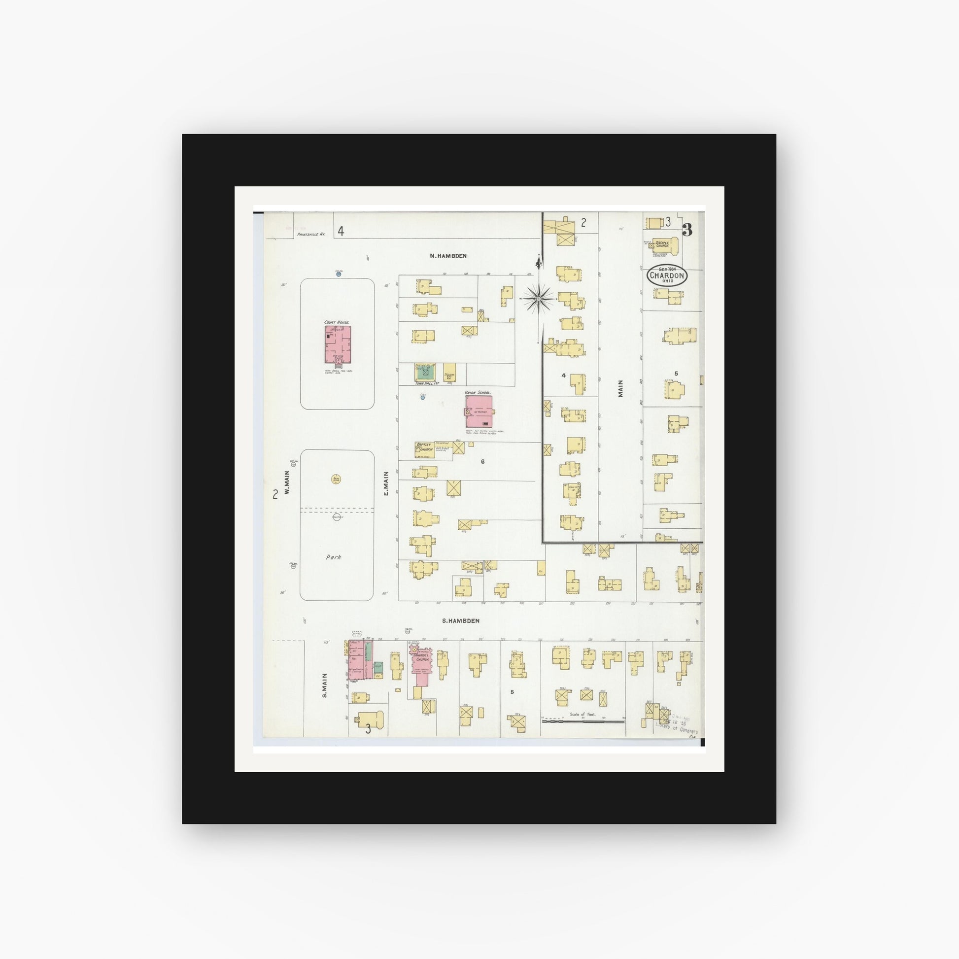 Old map wall art mockup — black gallery frame with white mat — Sanborn Fire Insurance Map from Chardon, Geauga County, Ohio (1904), Sheet #0003