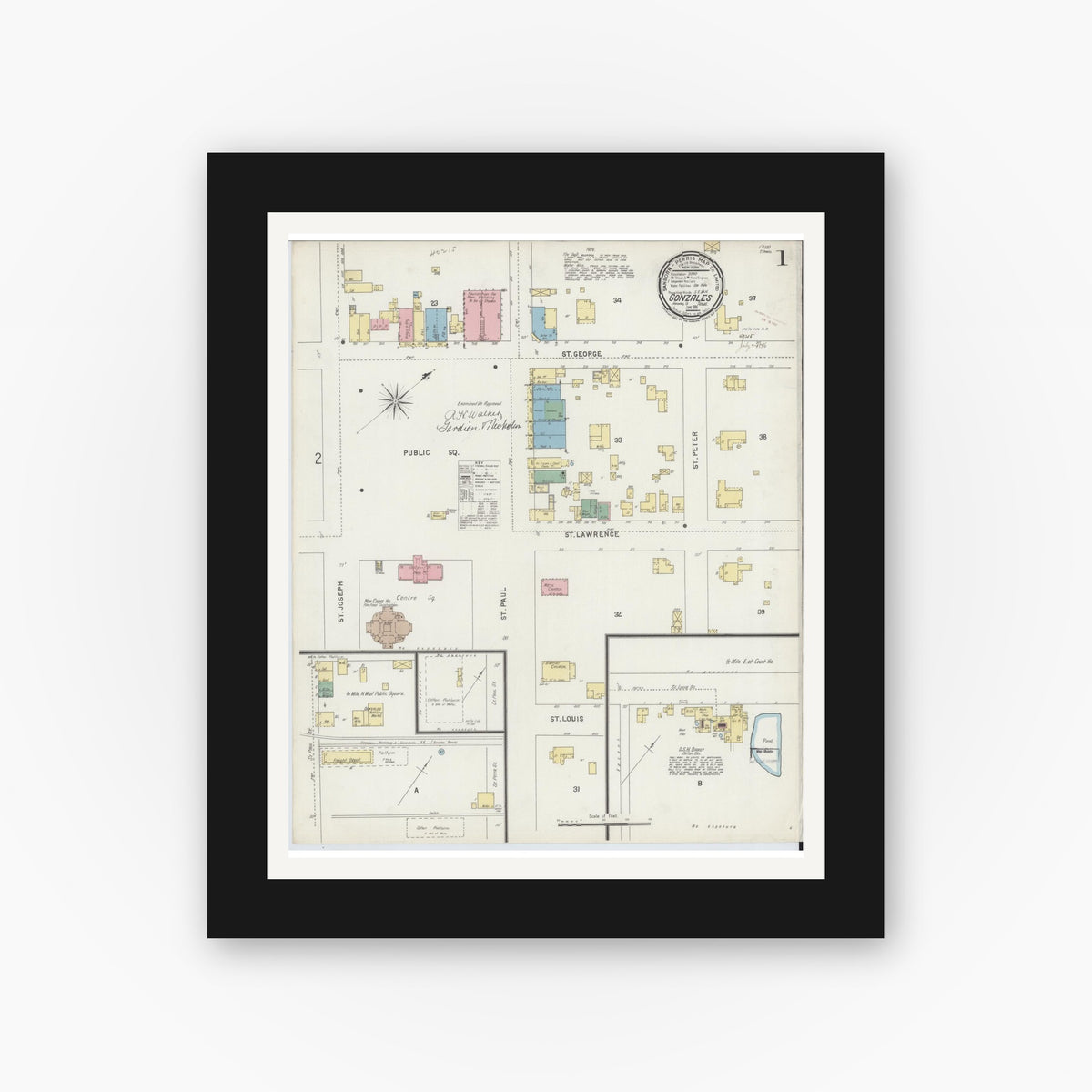 Old map wall art mockup — black gallery frame with white mat — Sanborn Fire Insurance Map from Gonzales, Gonzales County, Texas (1896) - Complete Map Set