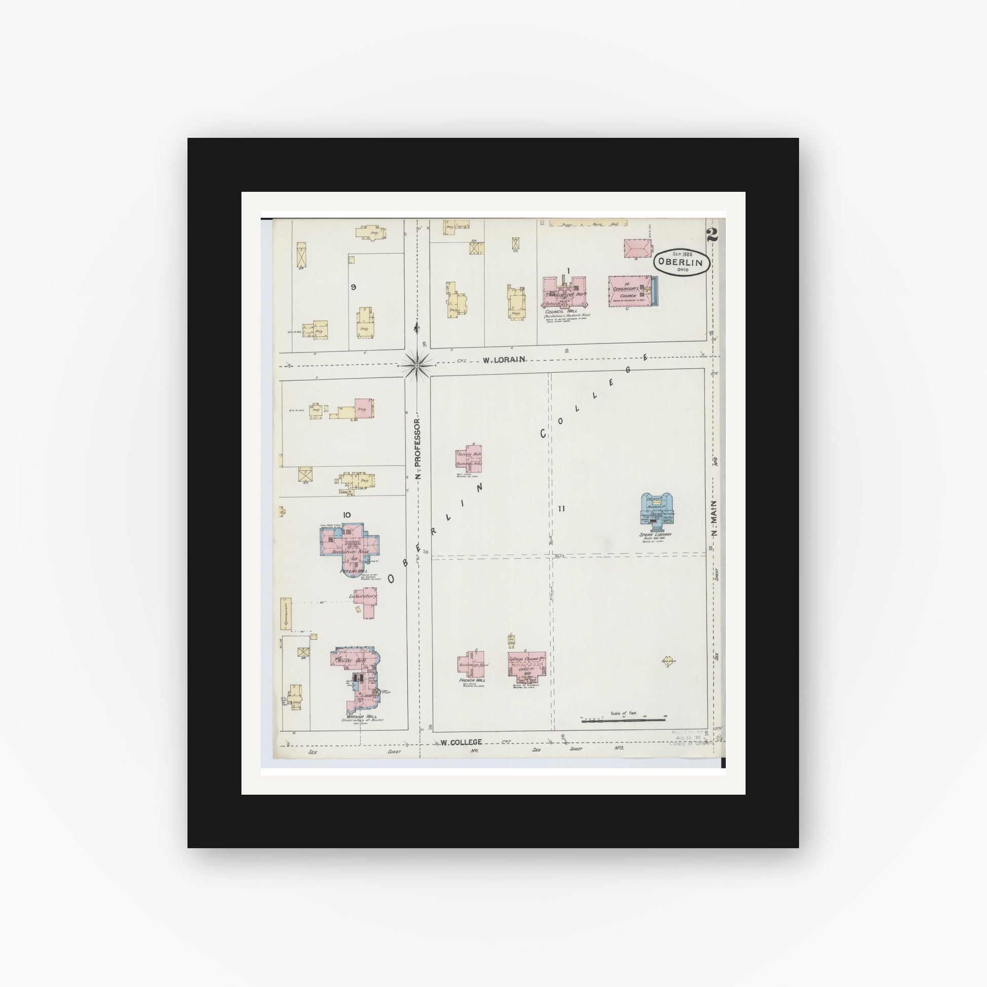 Old map wall art mockup — black gallery frame with white mat — Sanborn Fire Insurance Map from Oberlin, Lorain County, Ohio (1888), Sheet #0002