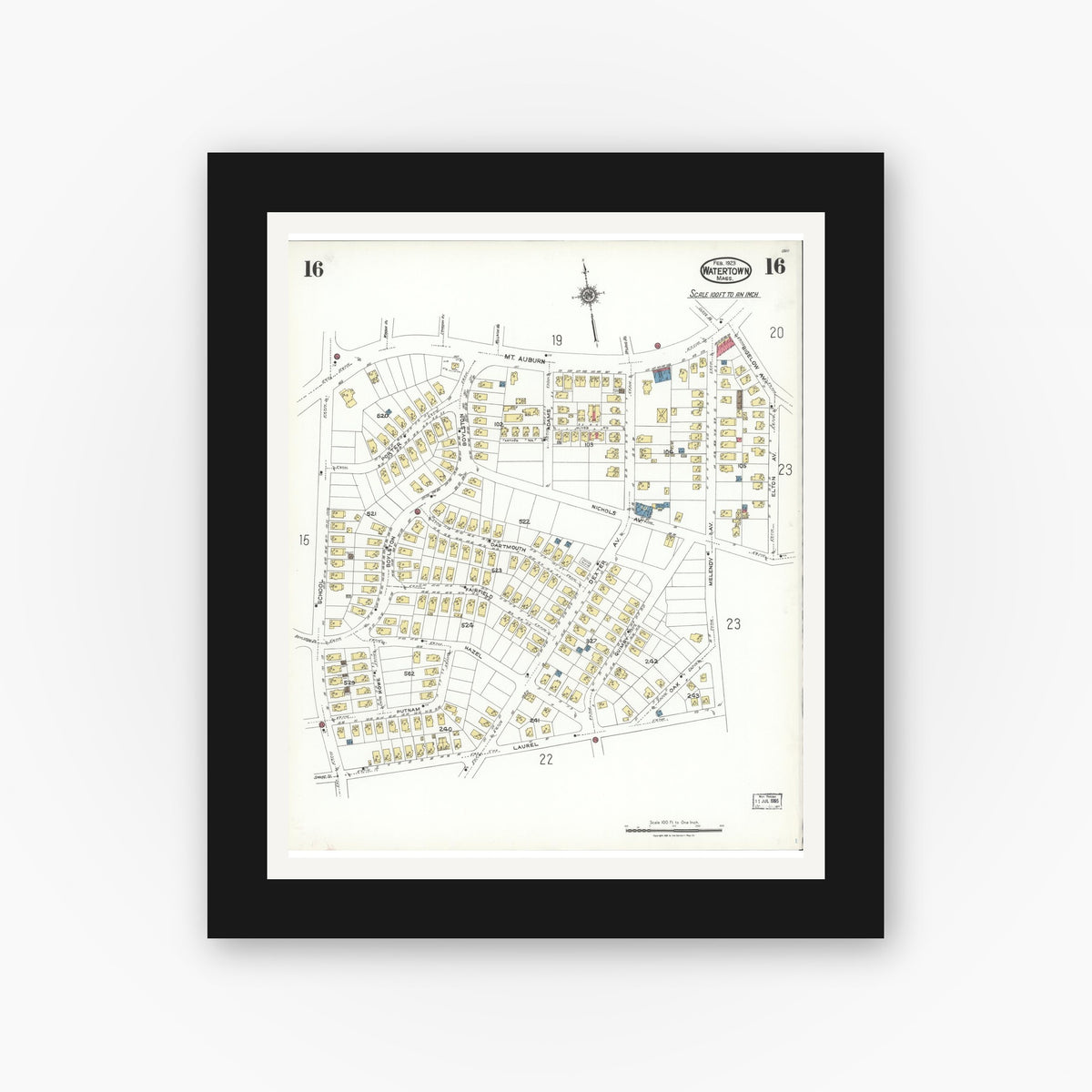 Old map wall art mockup — black gallery frame with white mat — Sanborn Fire Insurance Map from Watertown, Middlesex County, Massachusetts (1923), Sheet #0016