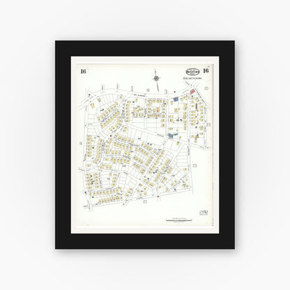 Old map wall art mockup — black gallery frame with white mat — Sanborn Fire Insurance Map from Watertown, Middlesex County, Massachusetts (1923), Sheet #0016