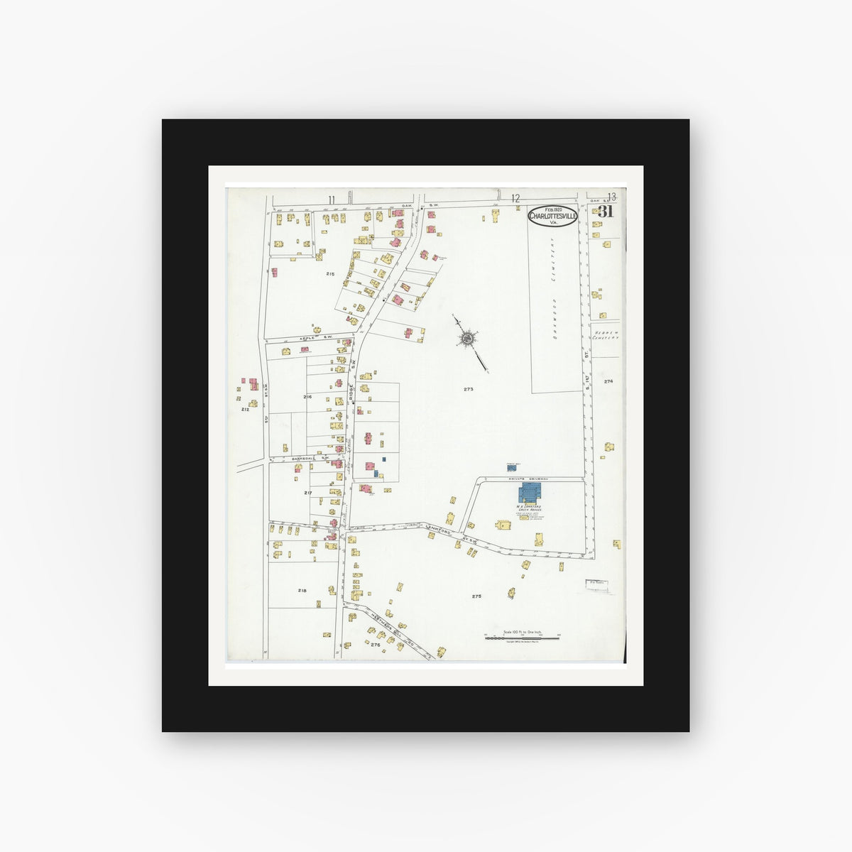 Old map wall art mockup — black gallery frame with white mat — Sanborn Fire Insurance Map from Charlottesville, Independent Cities, Virginia (1920), Sheet #0031