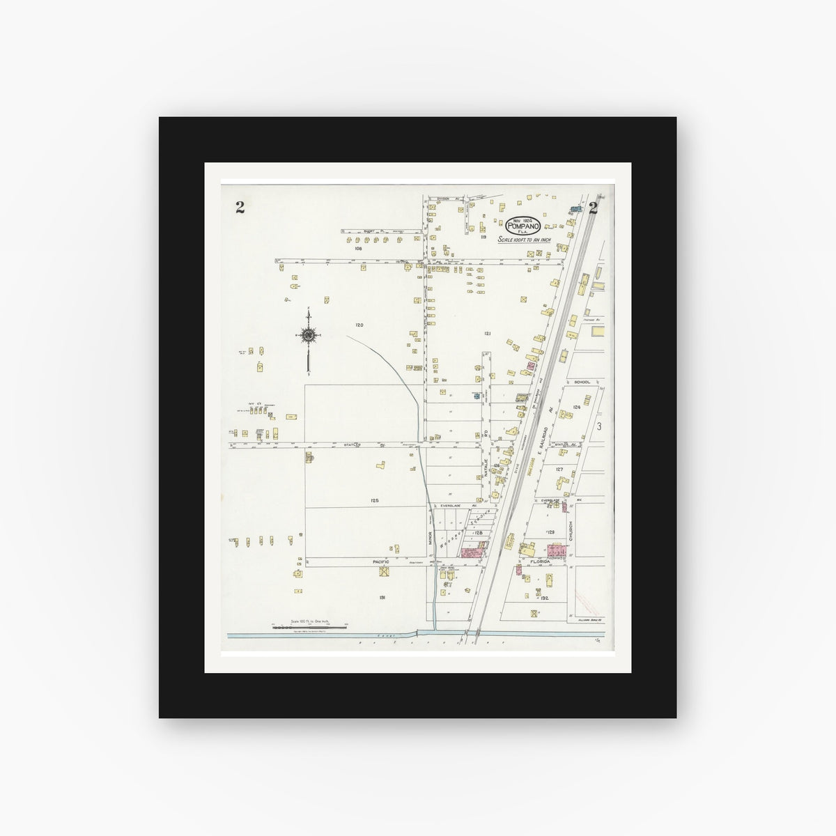 Old map wall art mockup — black gallery frame with white mat — Sanborn Fire Insurance Map from Pompano, Broward County, Florida (1924), Sheet #0002