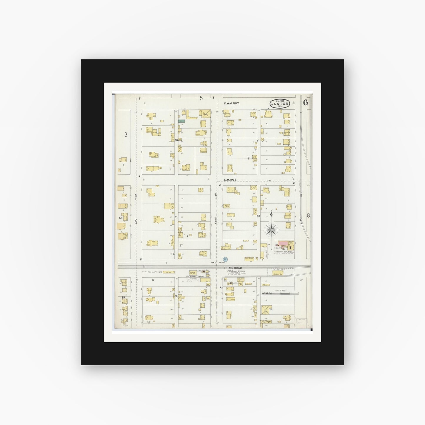 Old map wall art mockup — black gallery frame with white mat — Sanborn Fire Insurance Map from Canton, Fulton County, Illinois (1896), Sheet #0006