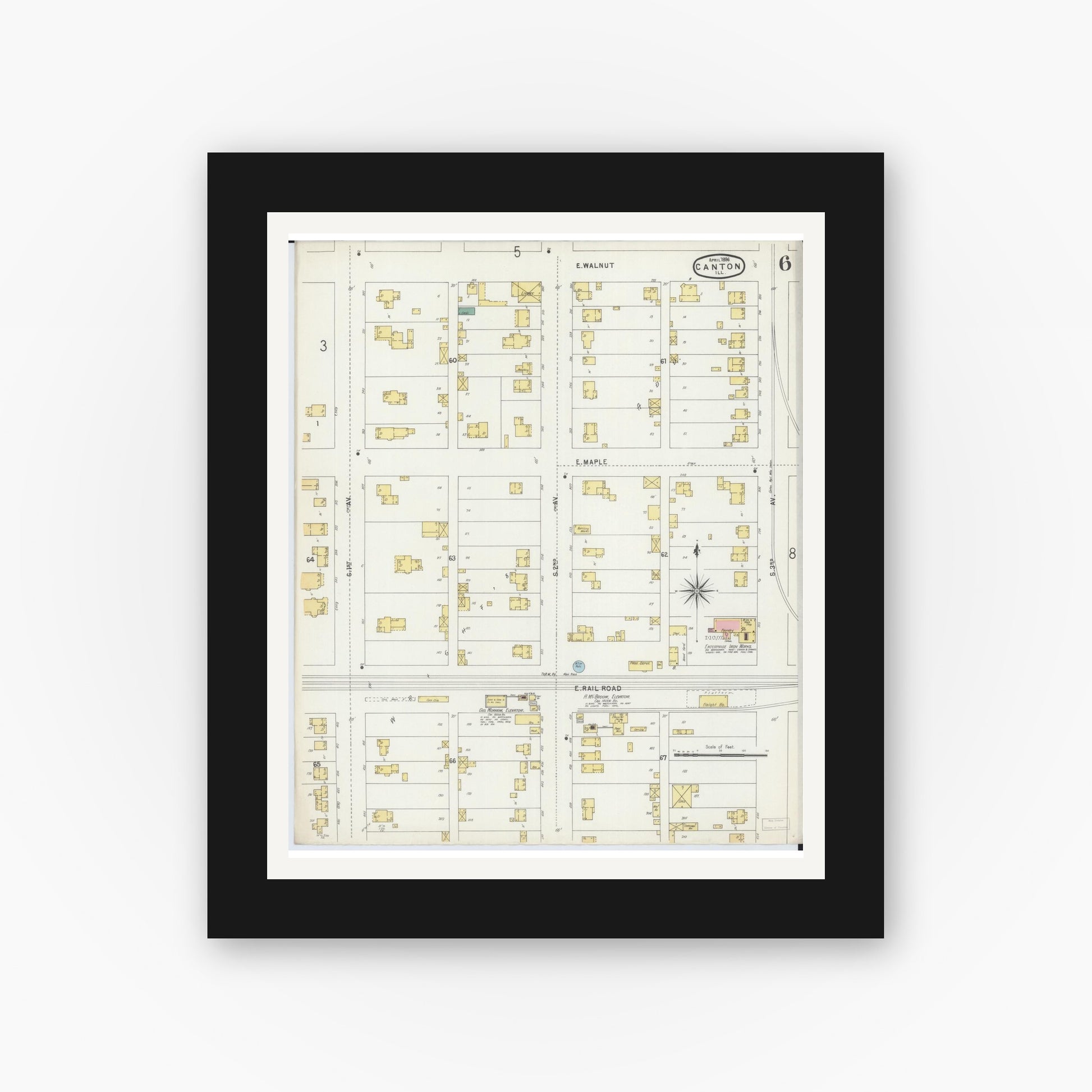 Old map wall art mockup — black gallery frame with white mat — Sanborn Fire Insurance Map from Canton, Fulton County, Illinois (1896), Sheet #0006