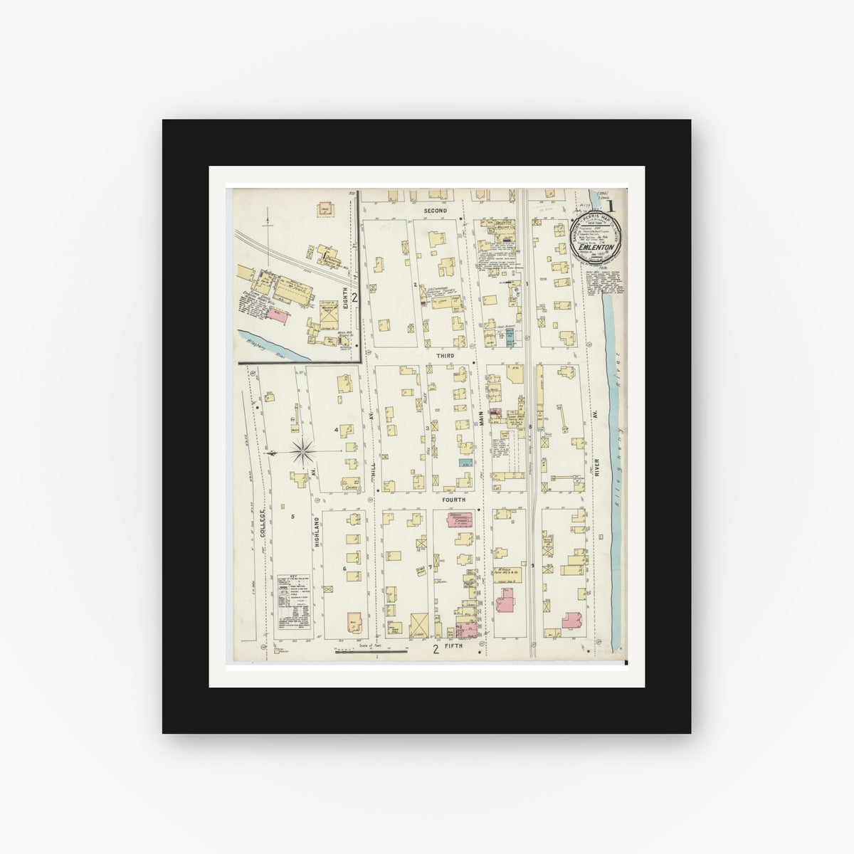 Old map wall art mockup — black gallery frame with white mat — Sanborn Fire Insurance Map from Emlenton, Venango County, Pennsylvania (1897), Sheet #0001
