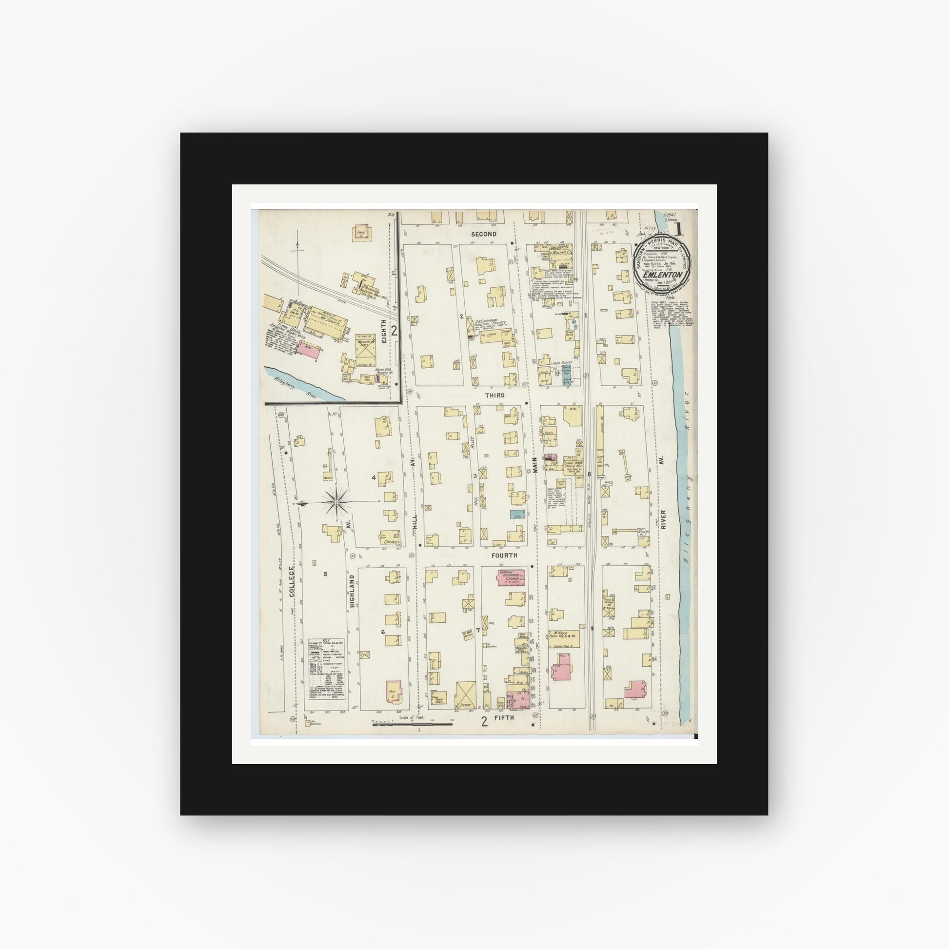 Old map wall art mockup — black gallery frame with white mat — Sanborn Fire Insurance Map from Emlenton, Venango County, Pennsylvania (1897), Sheet #0001