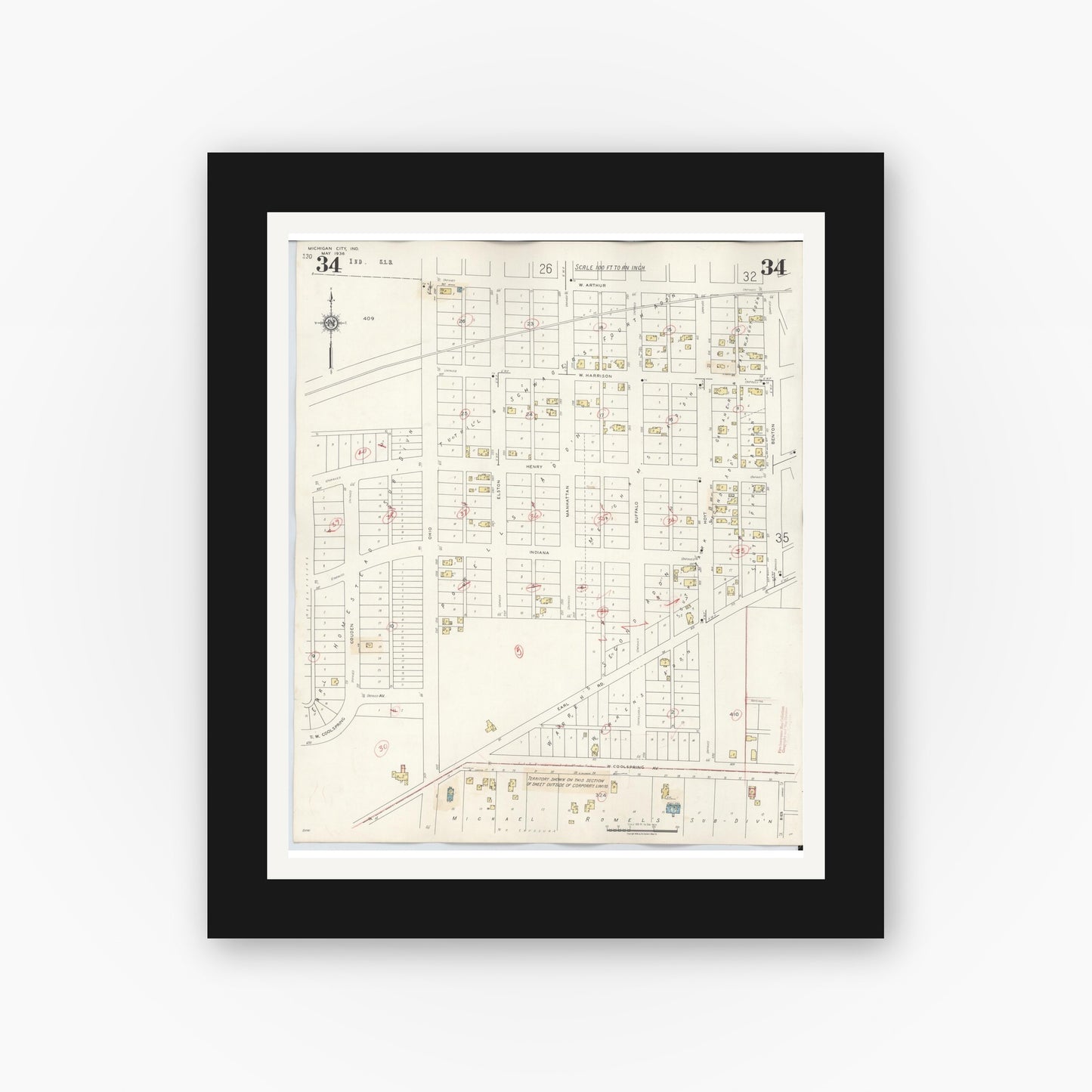 Old map wall art mockup — black gallery frame with white mat — Sanborn Fire Insurance Map from Michigan City, La Porte County, Indiana (1948), Sheet #0034