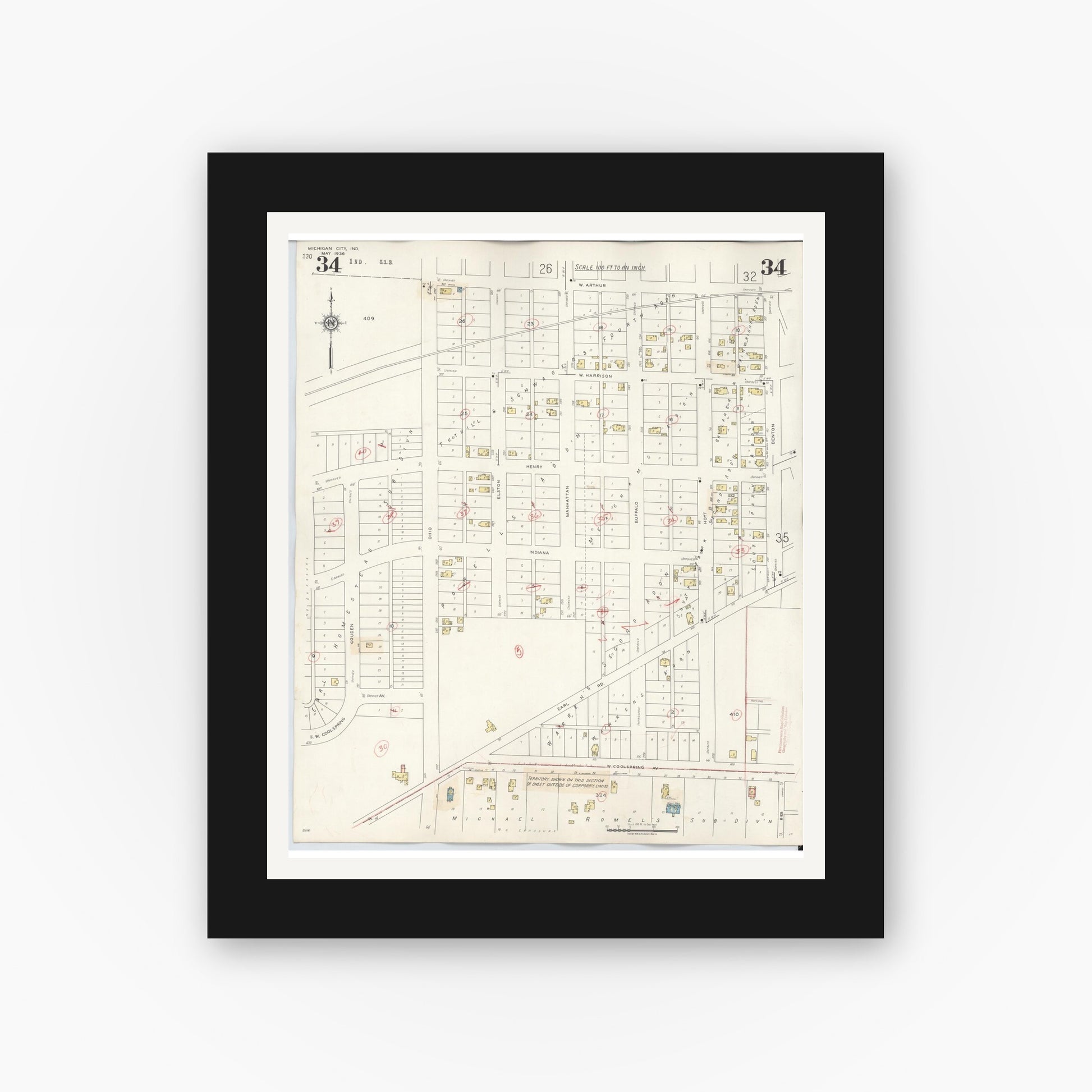 Old map wall art mockup — black gallery frame with white mat — Sanborn Fire Insurance Map from Michigan City, La Porte County, Indiana (1948), Sheet #0034