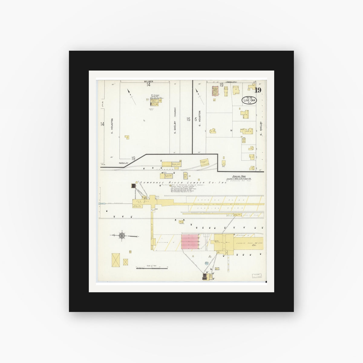 Old map wall art mockup — black gallery frame with white mat — Sanborn Fire Insurance Map from Live Oak, Suwanee County, Florida (1912), Sheet #0019