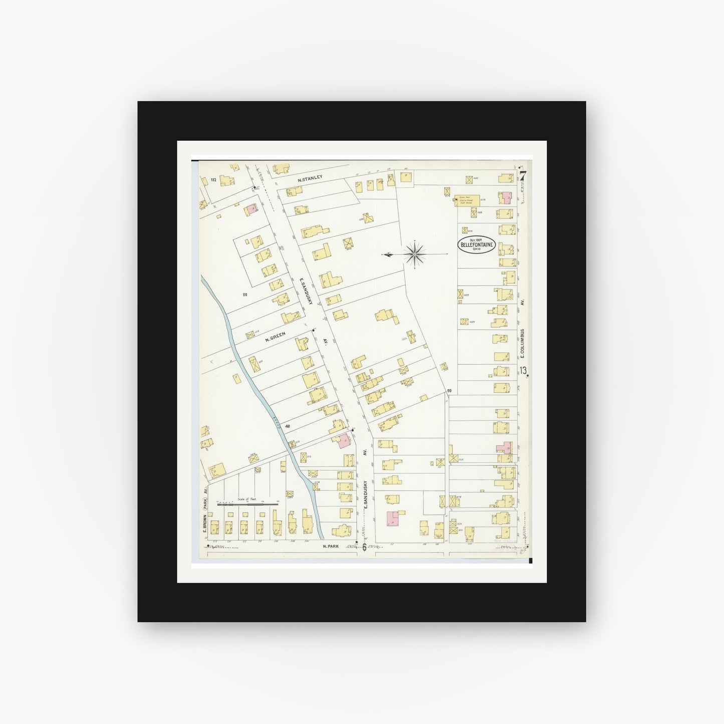 Old map wall art mockup — black gallery frame with white mat — Sanborn Fire Insurance Map from Bellefontaine, Logan County, Ohio (1907), Sheet #0007