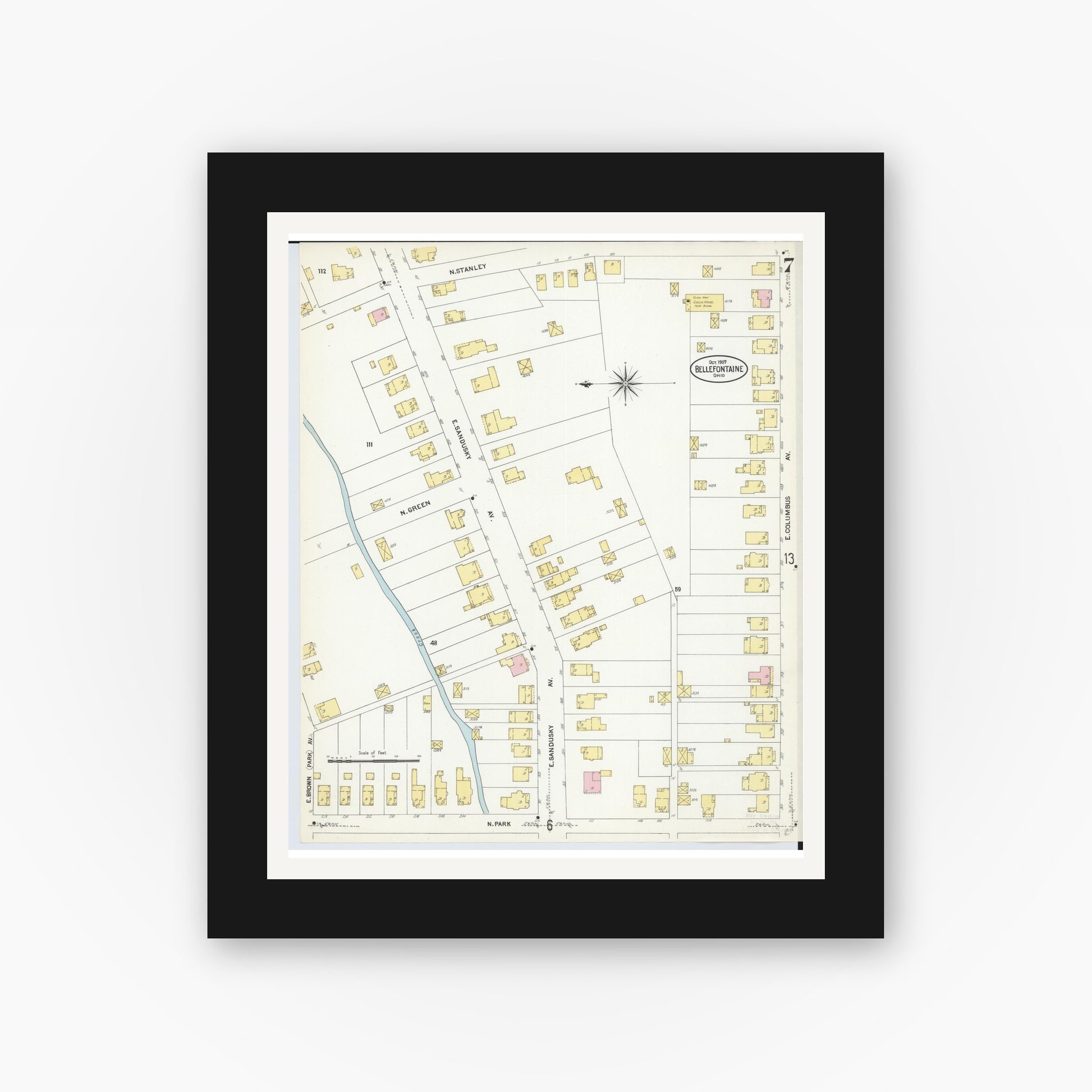 Old map wall art mockup — black gallery frame with white mat — Sanborn Fire Insurance Map from Bellefontaine, Logan County, Ohio (1907), Sheet #0007