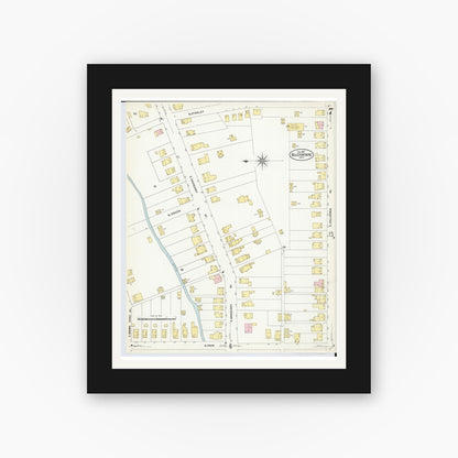 Old map wall art mockup — black gallery frame with white mat — Sanborn Fire Insurance Map from Bellefontaine, Logan County, Ohio (1907), Sheet #0007