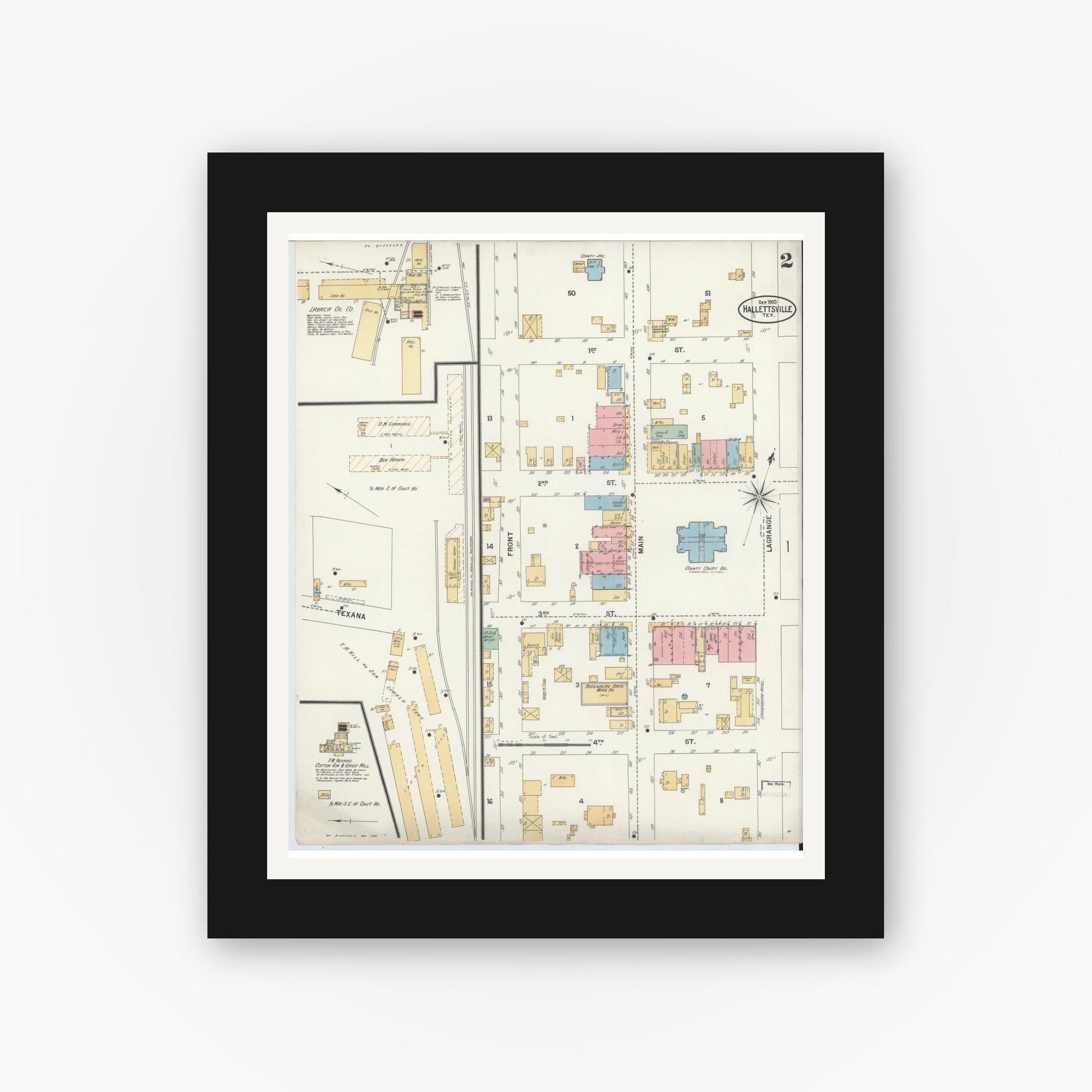 Old map wall art mockup — black gallery frame with white mat — Sanborn Fire Insurance Map from Hallettsville, Lavaca County, Texas (1900), Sheet #0002