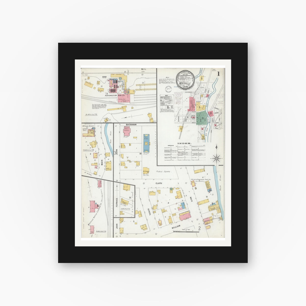 Old map wall art mockup — black gallery frame with white mat — Sanborn Fire Insurance Map from Mayville, Dodge County, Wisconsin (1900), Sheet #0001