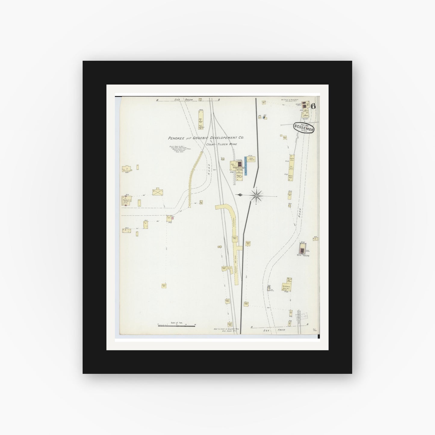 Old map wall art mockup — black gallery frame with white mat — Sanborn Fire Insurance Map from Bessemer, Gogebic County, Michigan (1891), Sheet #0006