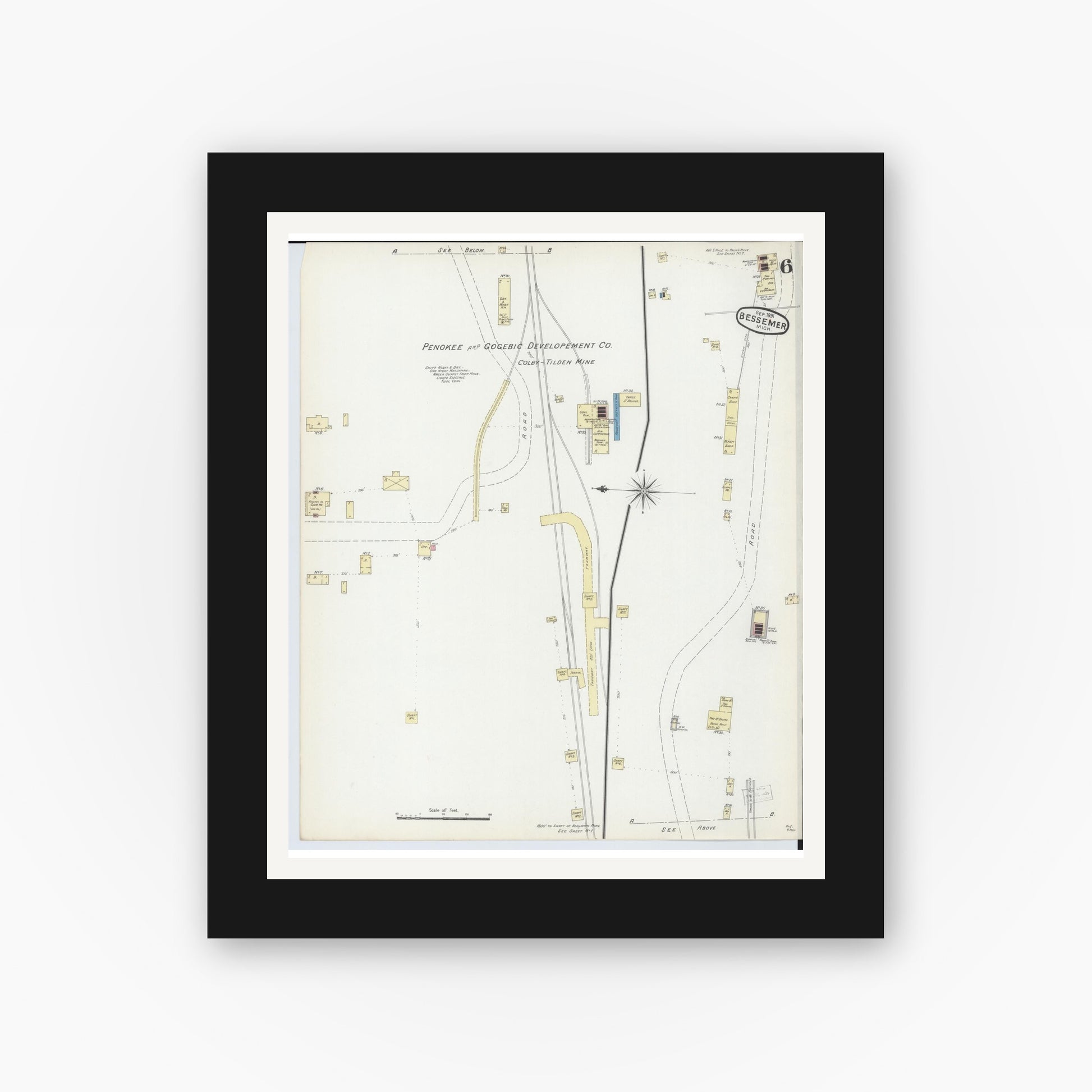Old map wall art mockup — black gallery frame with white mat — Sanborn Fire Insurance Map from Bessemer, Gogebic County, Michigan (1891), Sheet #0006