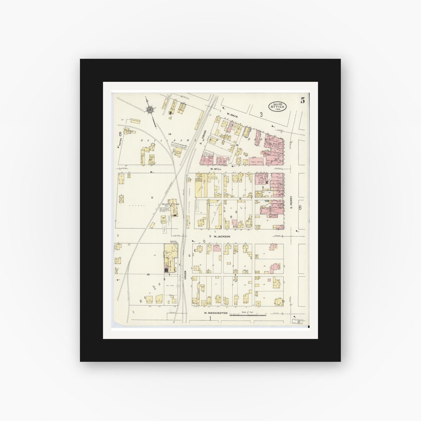 Old map wall art mockup — black gallery frame with white mat — Sanborn Fire Insurance Map from Attica, Fountain County, Indiana (1910), Sheet #0005