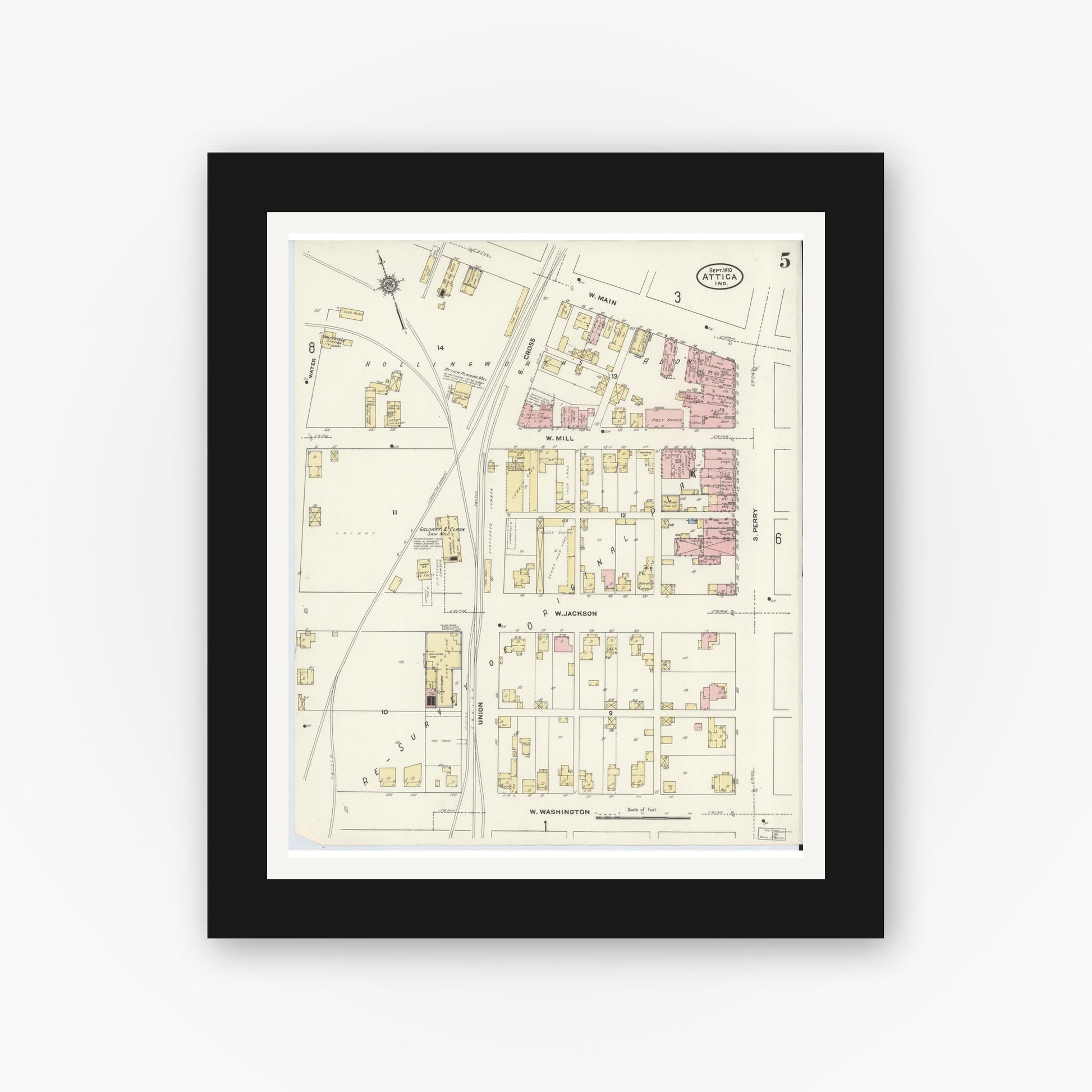 Old map wall art mockup — black gallery frame with white mat — Sanborn Fire Insurance Map from Attica, Fountain County, Indiana (1910), Sheet #0005