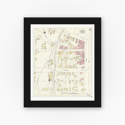 Old map wall art mockup — black gallery frame with white mat — Sanborn Fire Insurance Map from Attica, Fountain County, Indiana (1910), Sheet #0005