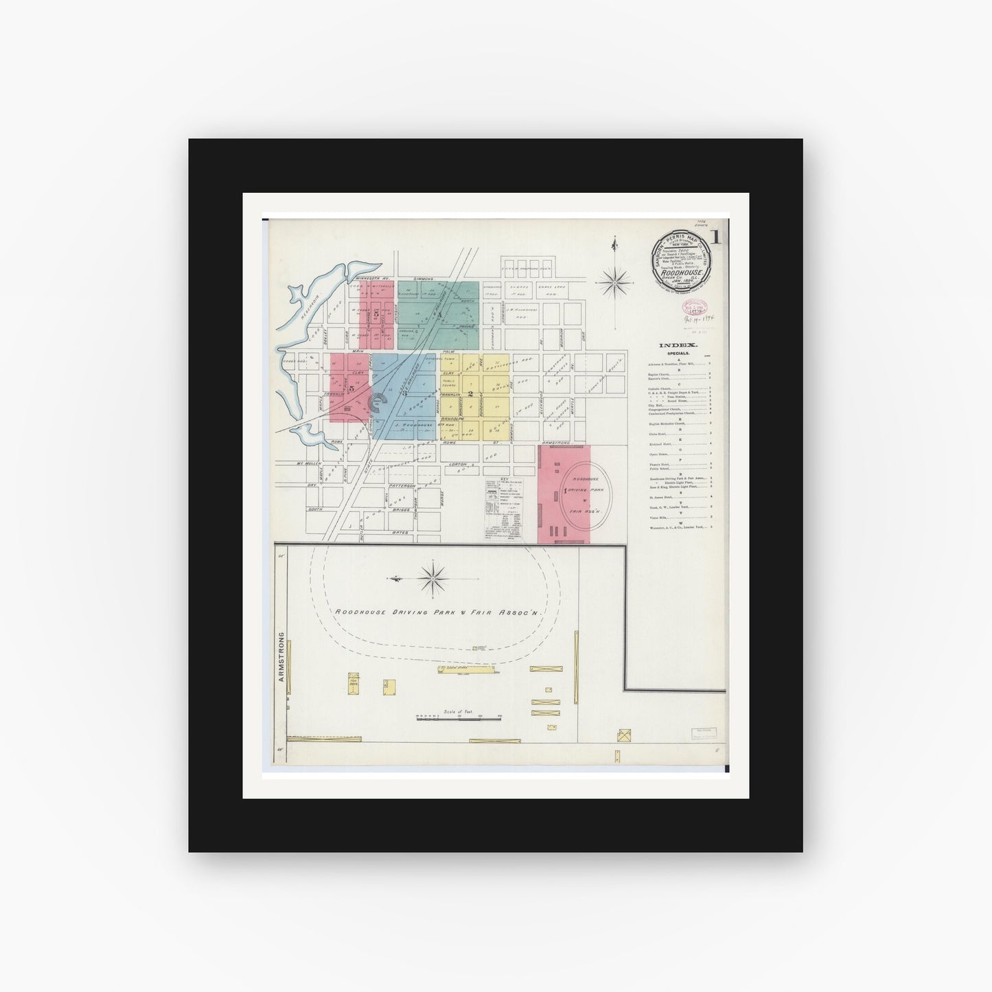 Old map wall art mockup — black gallery frame with white mat — Sanborn Fire Insurance Map from Roodhouse, Greene County, Illinois (1894) - Complete Map Set
