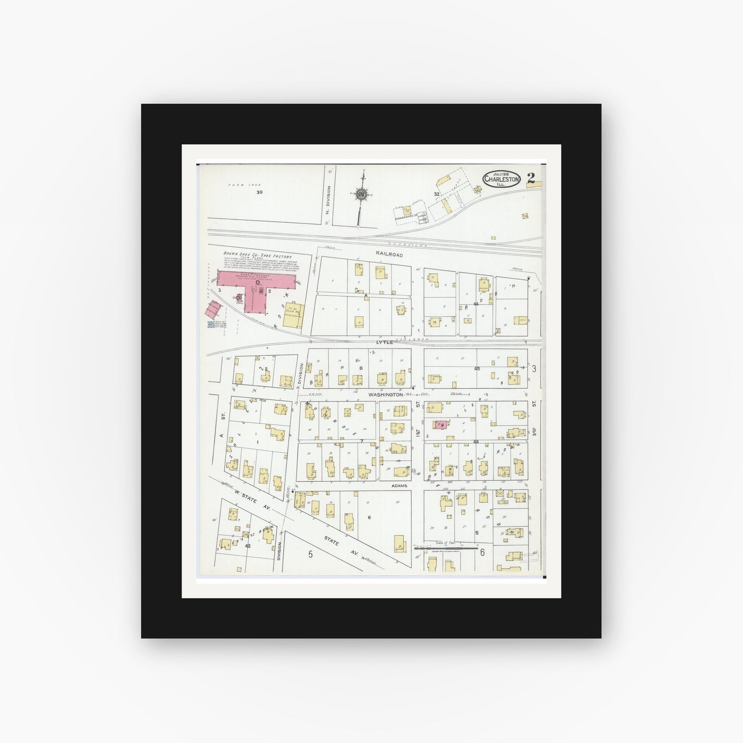 Old map wall art mockup — black gallery frame with white mat — Sanborn Fire Insurance Map from Charleston, Coles County, Illinois (1919), Sheet #0002