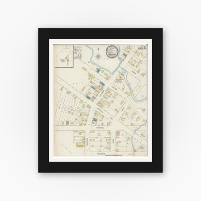 Old map wall art mockup — black gallery frame with white mat — Sanborn Fire Insurance Map from Marion, Waupaca County, Wisconsin (1894), Sheet #0001