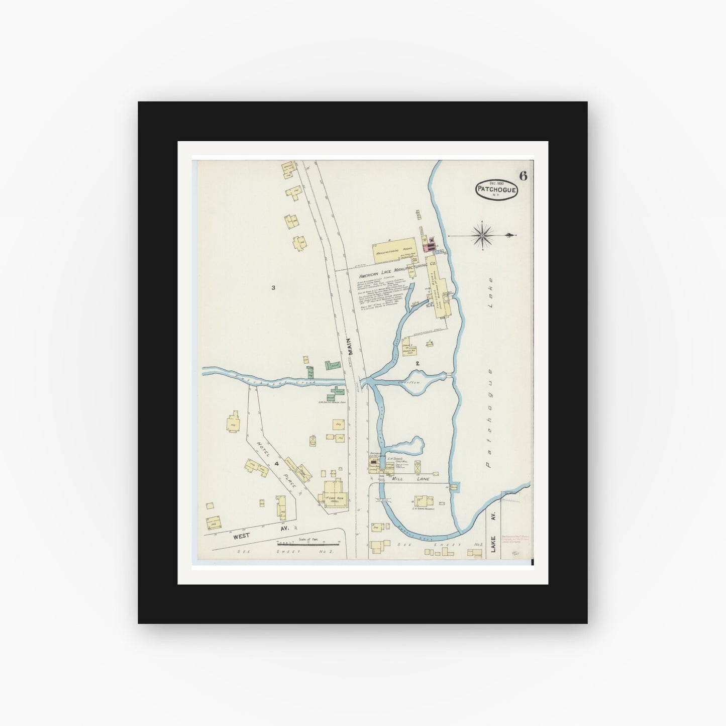 Old map wall art mockup — black gallery frame with white mat — Sanborn Fire Insurance Map from Patchogue, Suffolk County, New York (1891), Sheet #0006