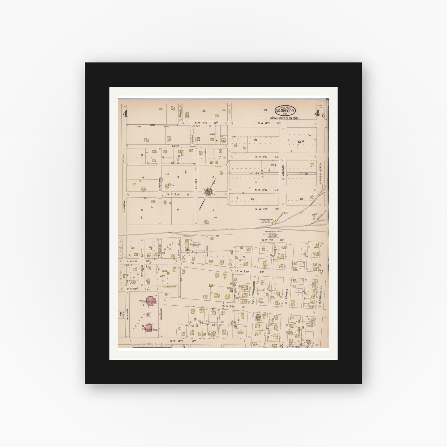Old map wall art mockup — black gallery frame with white mat — Sanborn Fire Insurance Map from McGregor, McLennan County, Texas (1922), Sheet #0004
